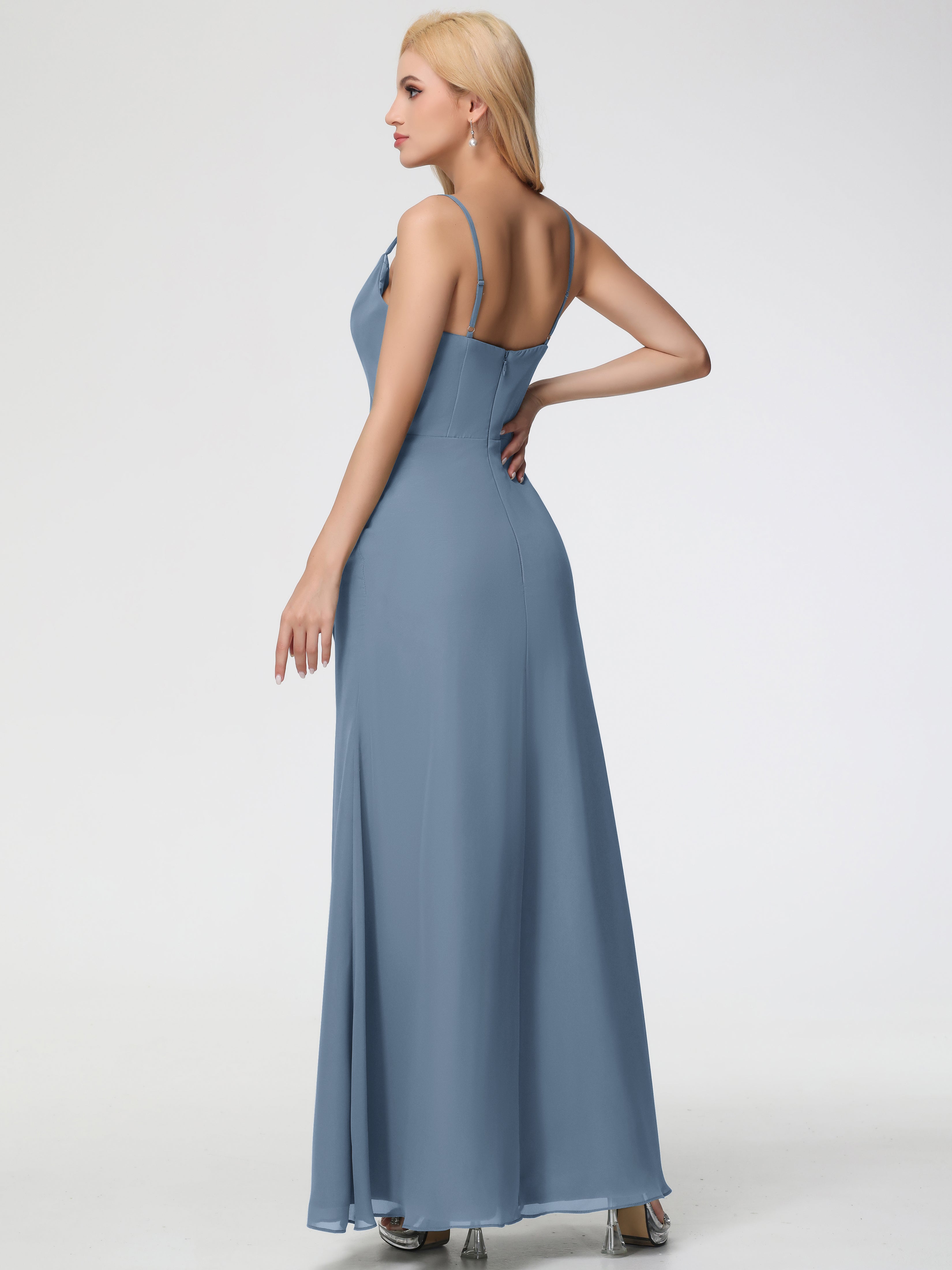 Robes De Demoiselle D'honneur Bleu de Schiste Col bénitier Fendue Fourreau/Colonne Mousseline Robe Demoiselle d'Honneur