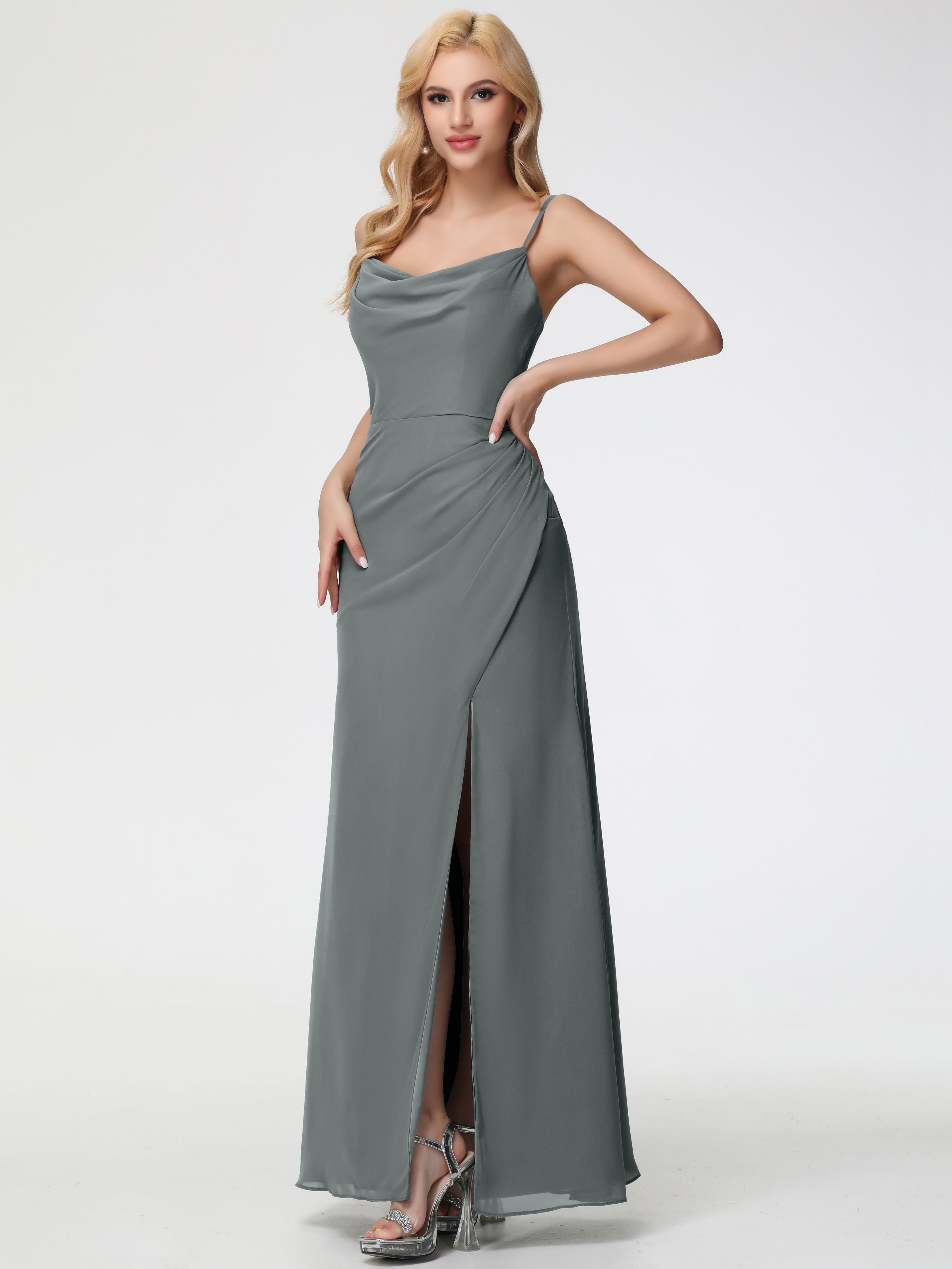 Robe Demoiselle D Honneur Gris Argenté Col bénitier Fendue Fourreau/Colonne Mousseline Robe Demoiselle d'Honneur