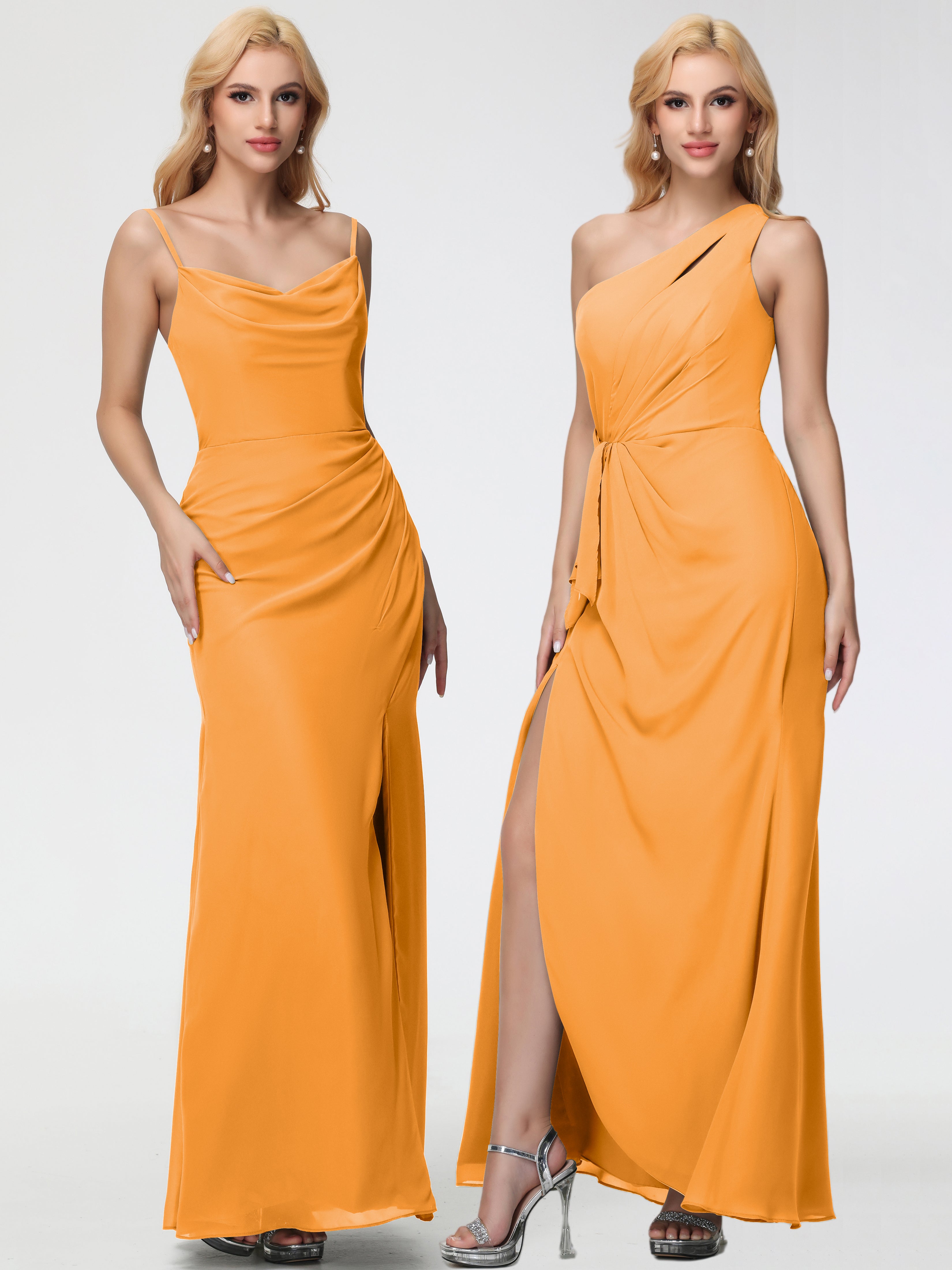 Robes De Demoiselle D'honneur Mandarine Col bénitier Fendue Fourreau/Colonne Mousseline Robe Demoiselle d'Honneur