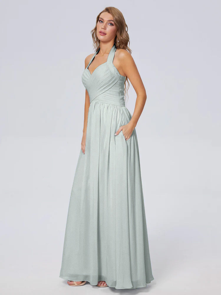 Robes De Demoiselle D'Honneur Celadon Superbe Licou Mousseline Robes Demoiselle D'Honneur