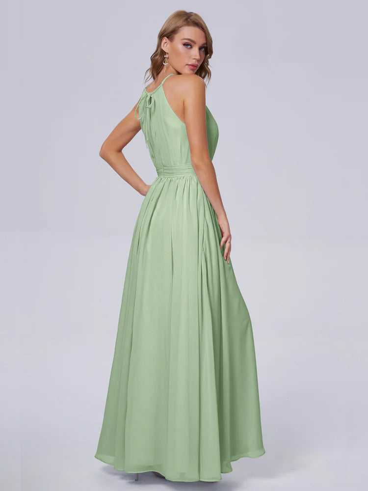Robe De Demoiselle D'Honneur En Mousseline De Sauge Poussiéreuse Brillante Licou Mousseline