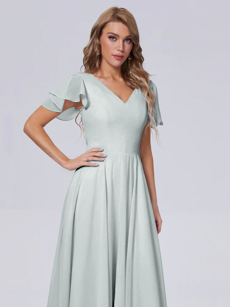 Robe Demoiselle D Honneur Celadon Col V Robes Demoiselle D'Honneur À Volants