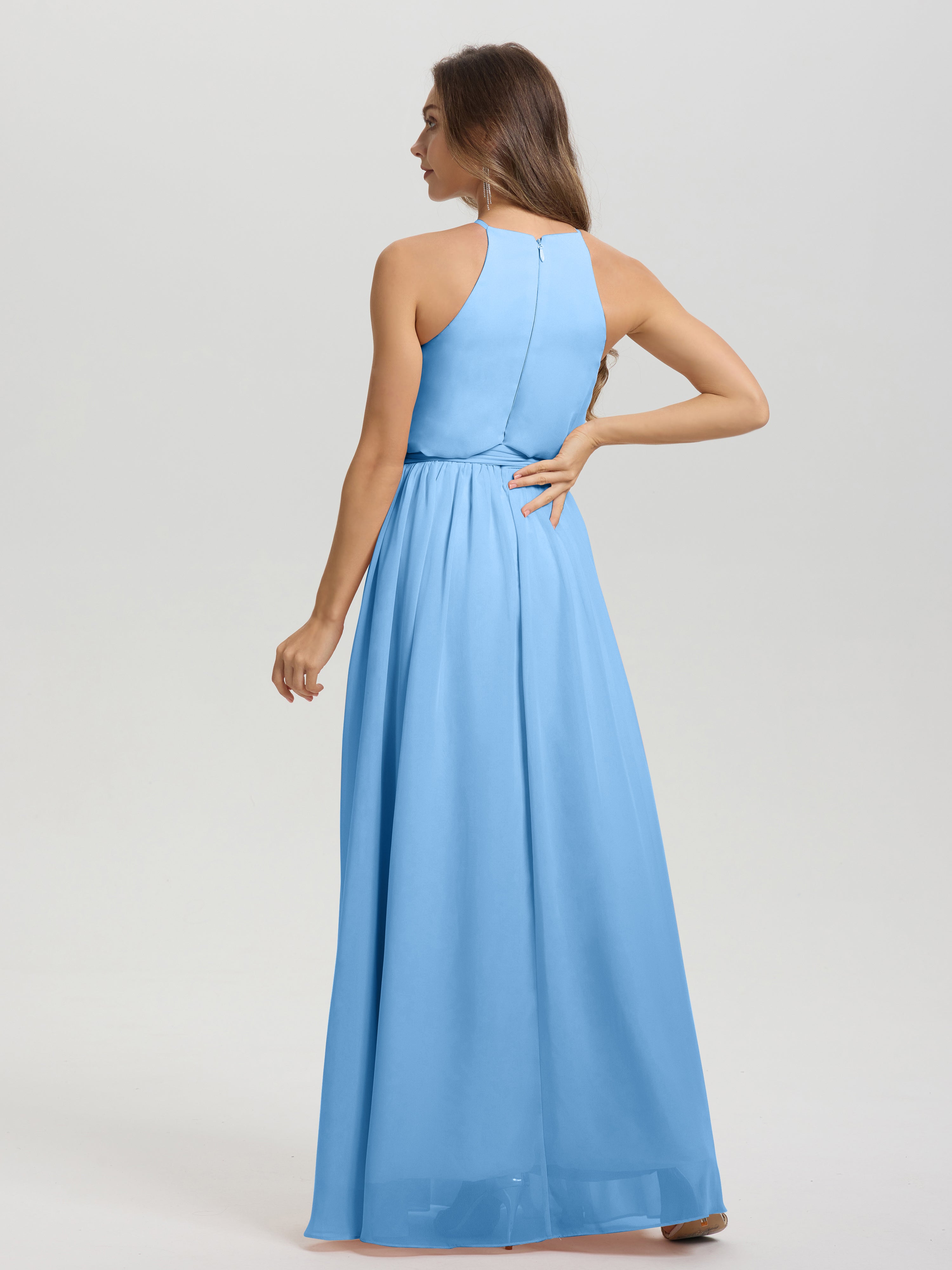 Robe De Demoiselle D Honneur Bleue Licou Trapèze Mousseline Robe Demoiselle D'Honneur