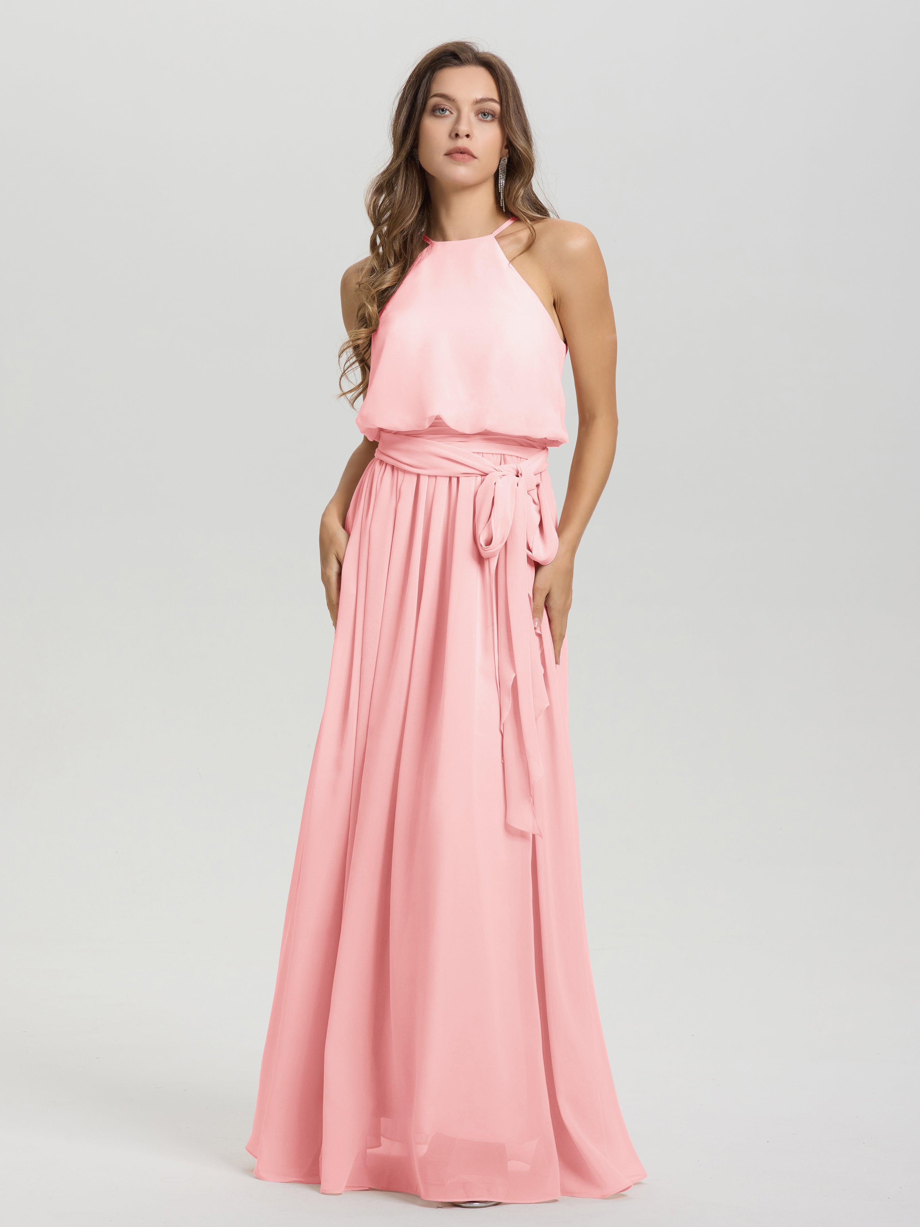 Robes De Demoiselle D'Honneur De Couleur Rose Licou Trapèze Mousseline Robe Demoiselle D'Honneur