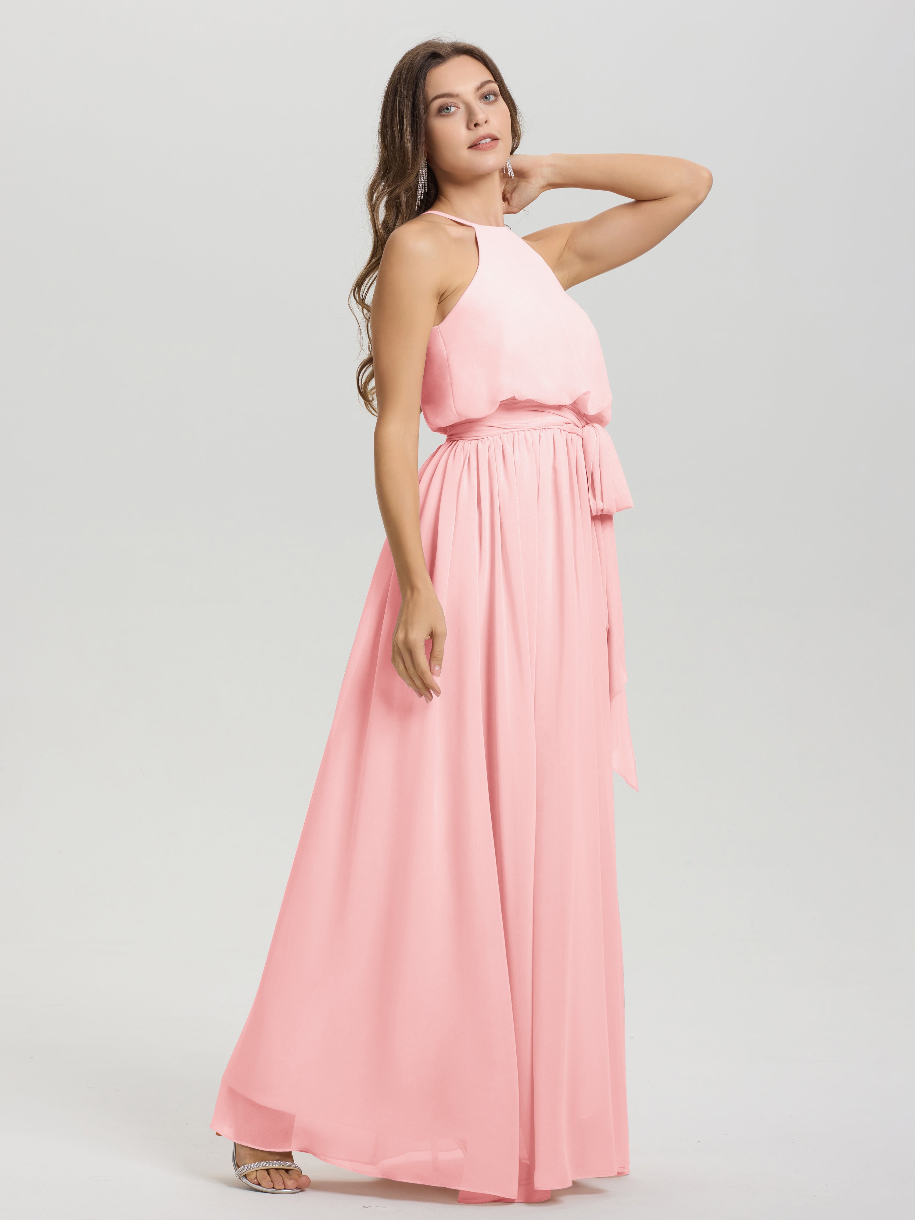 Robes De Demoiselle D'Honneur De Couleur Rose Licou Trapèze Mousseline Robe Demoiselle D'Honneur