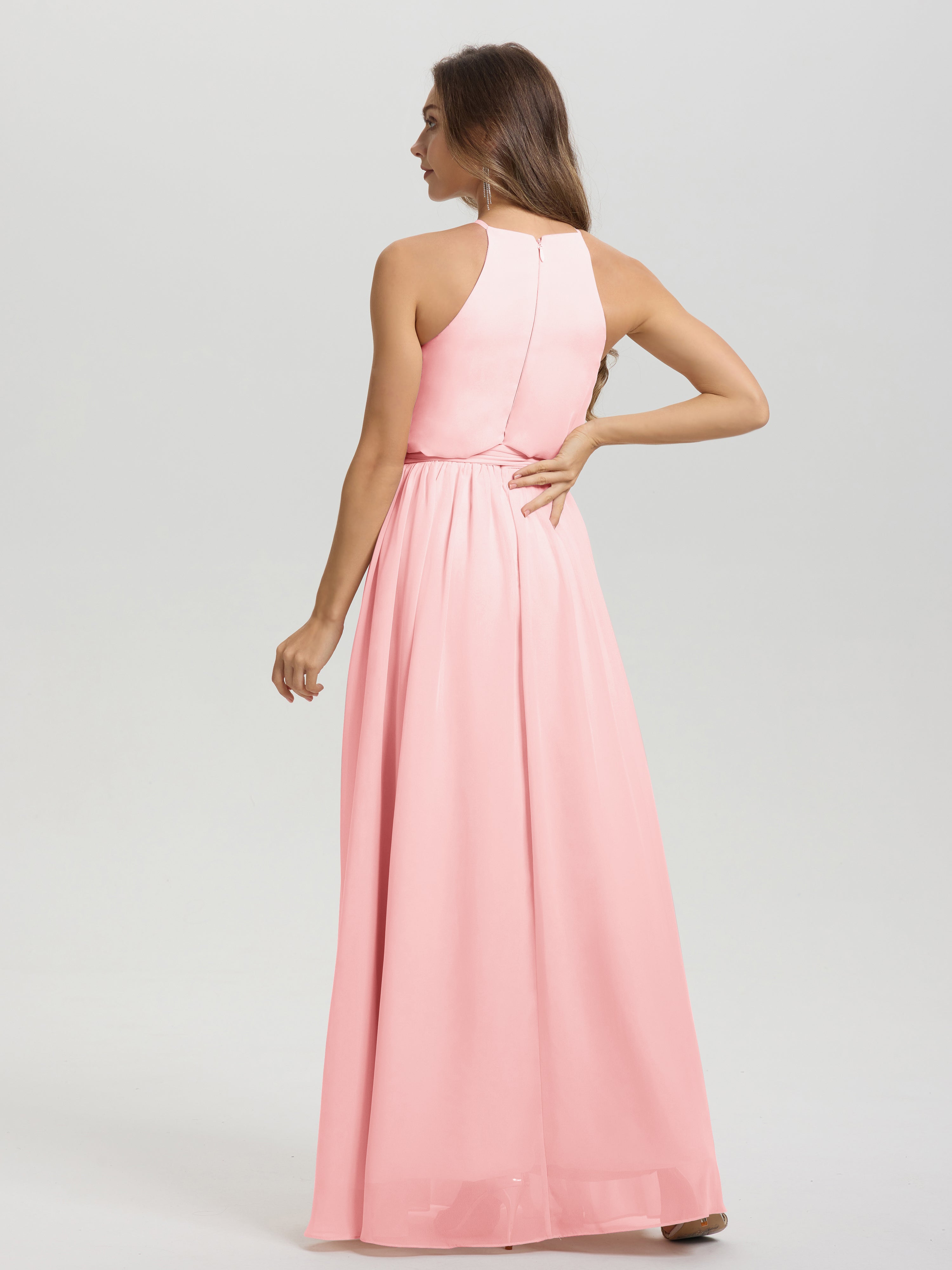 Robes De Demoiselle D'Honneur De Couleur Rose Licou Trapèze Mousseline Robe Demoiselle D'Honneur