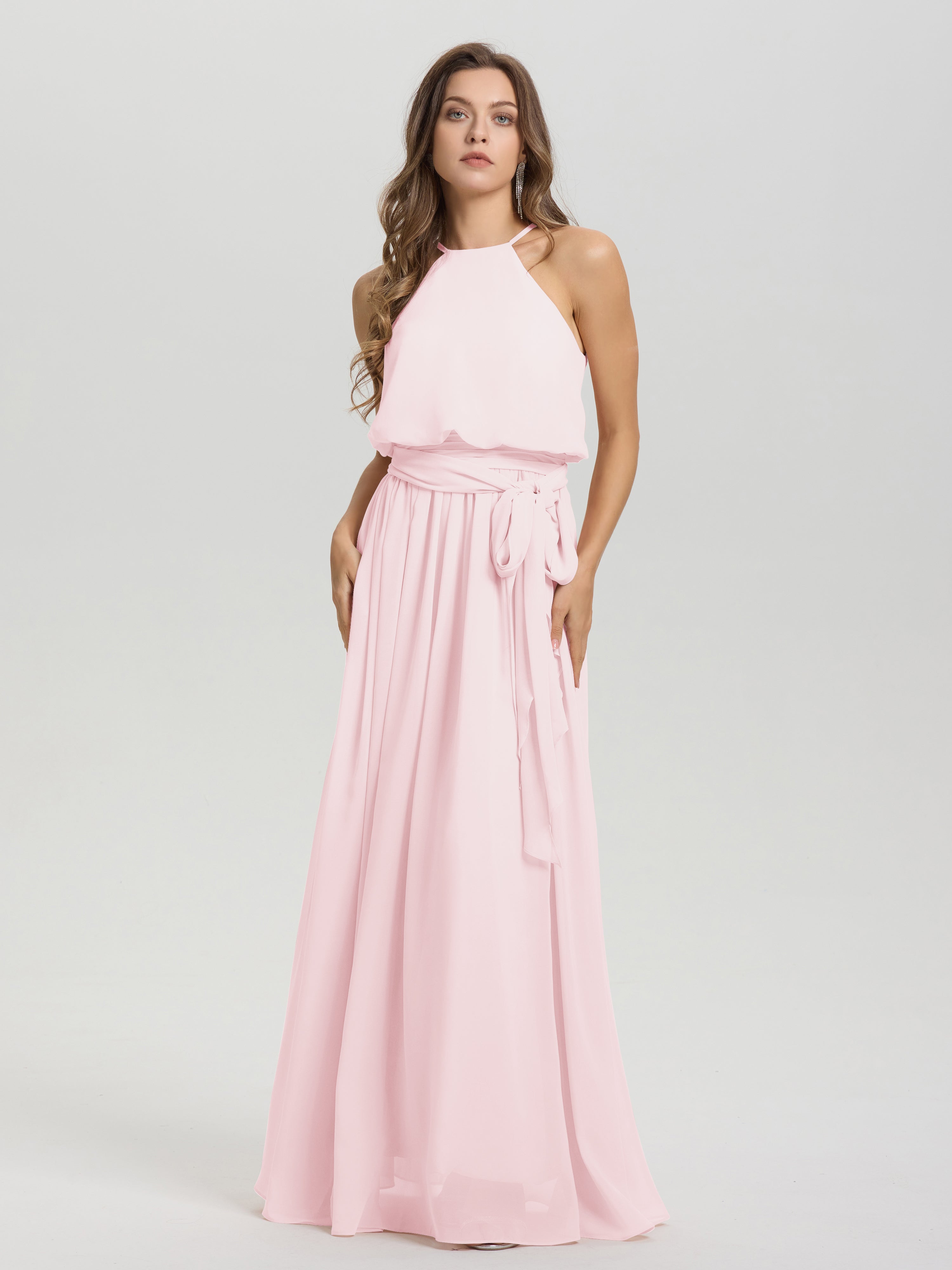 Demoiselle D Honneur Rose Pale Licou Trapèze Mousseline Robe Demoiselle D'Honneur
