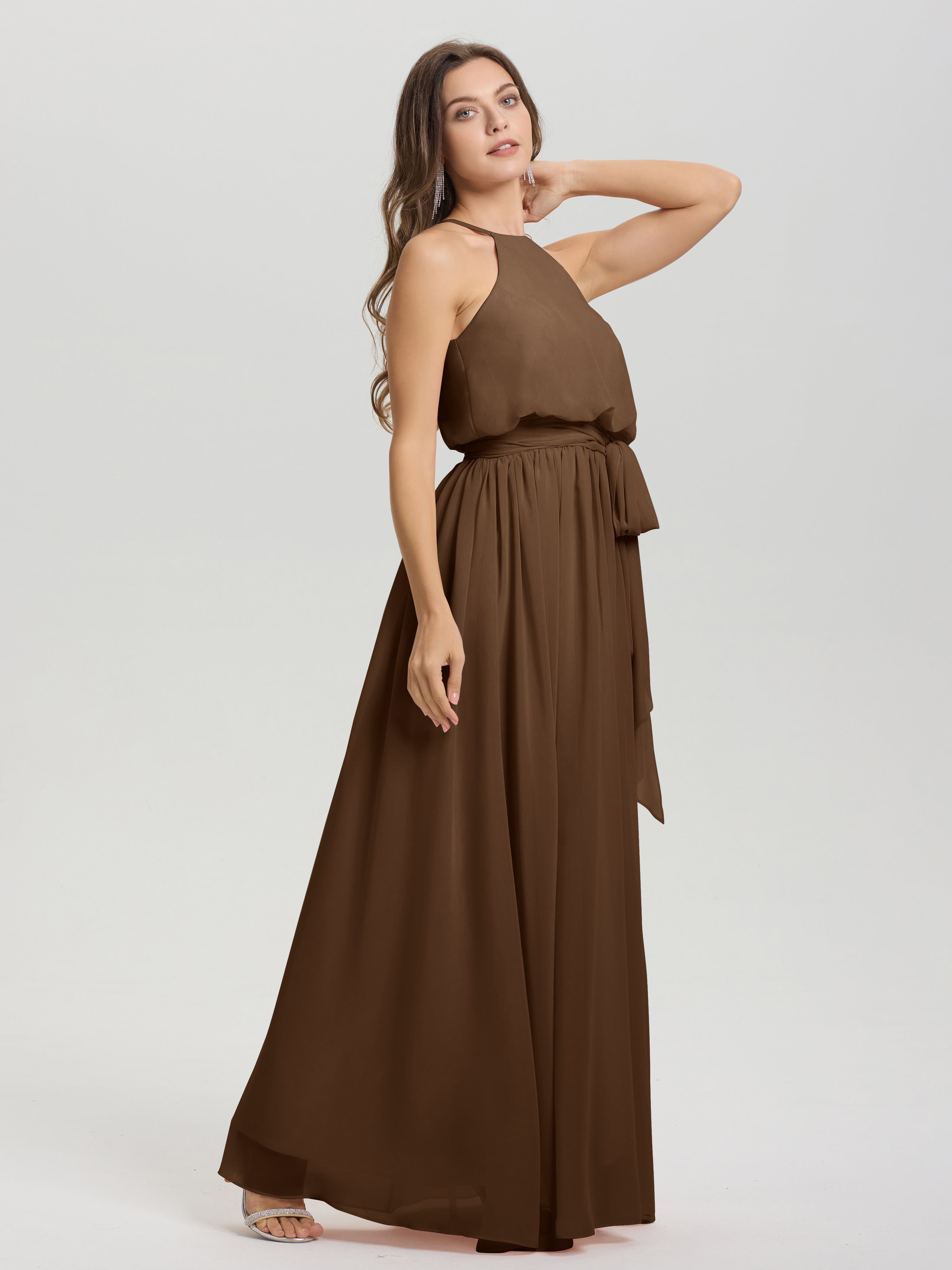 Robe Demoiselle D Honneur Brun Licou Trapèze Mousseline Robe Demoiselle D'Honneur