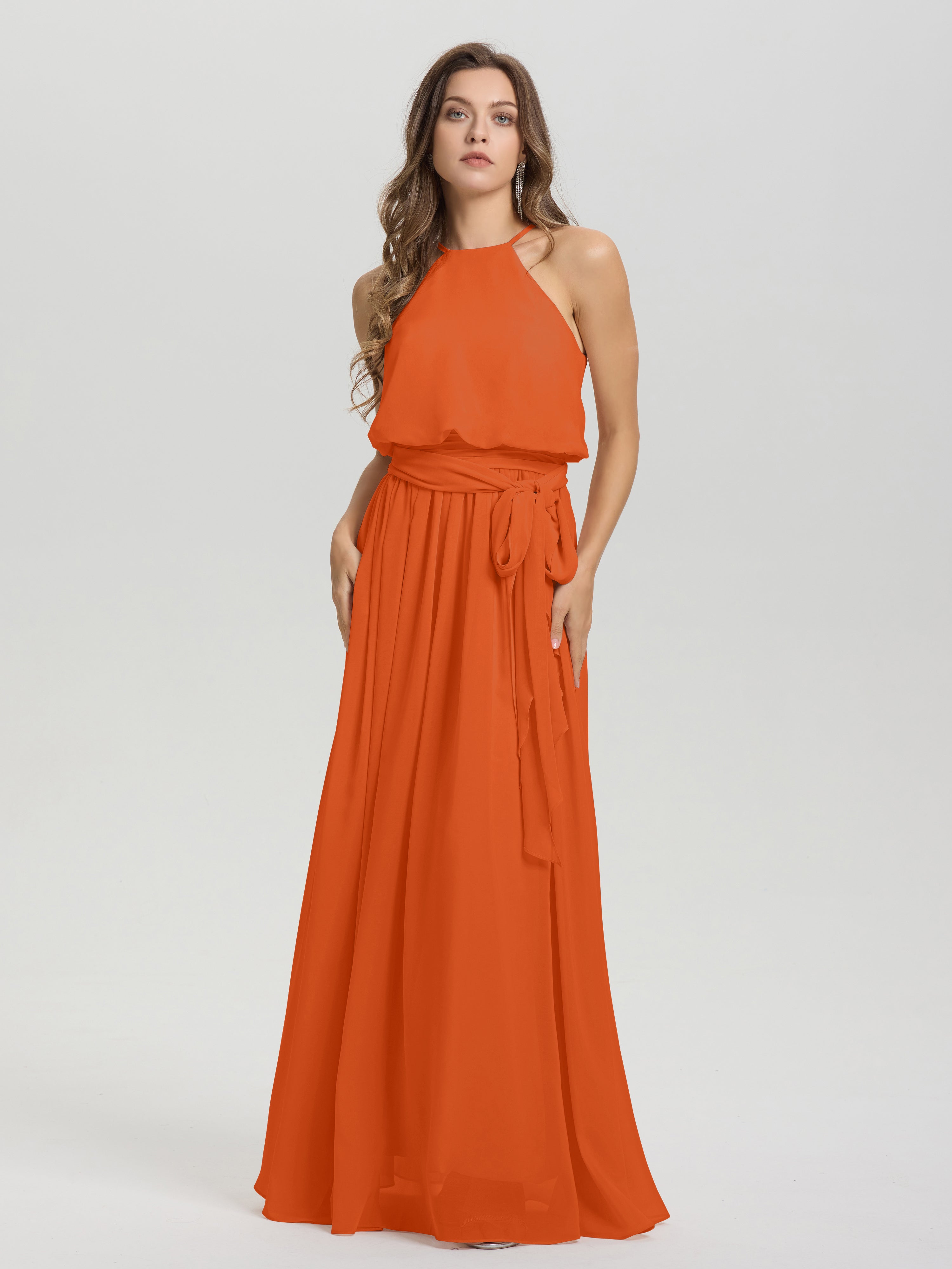 Robes De Demoiselle D'Honneur Orange Brûlé Licou Trapèze Mousseline Robe Demoiselle D'Honneur