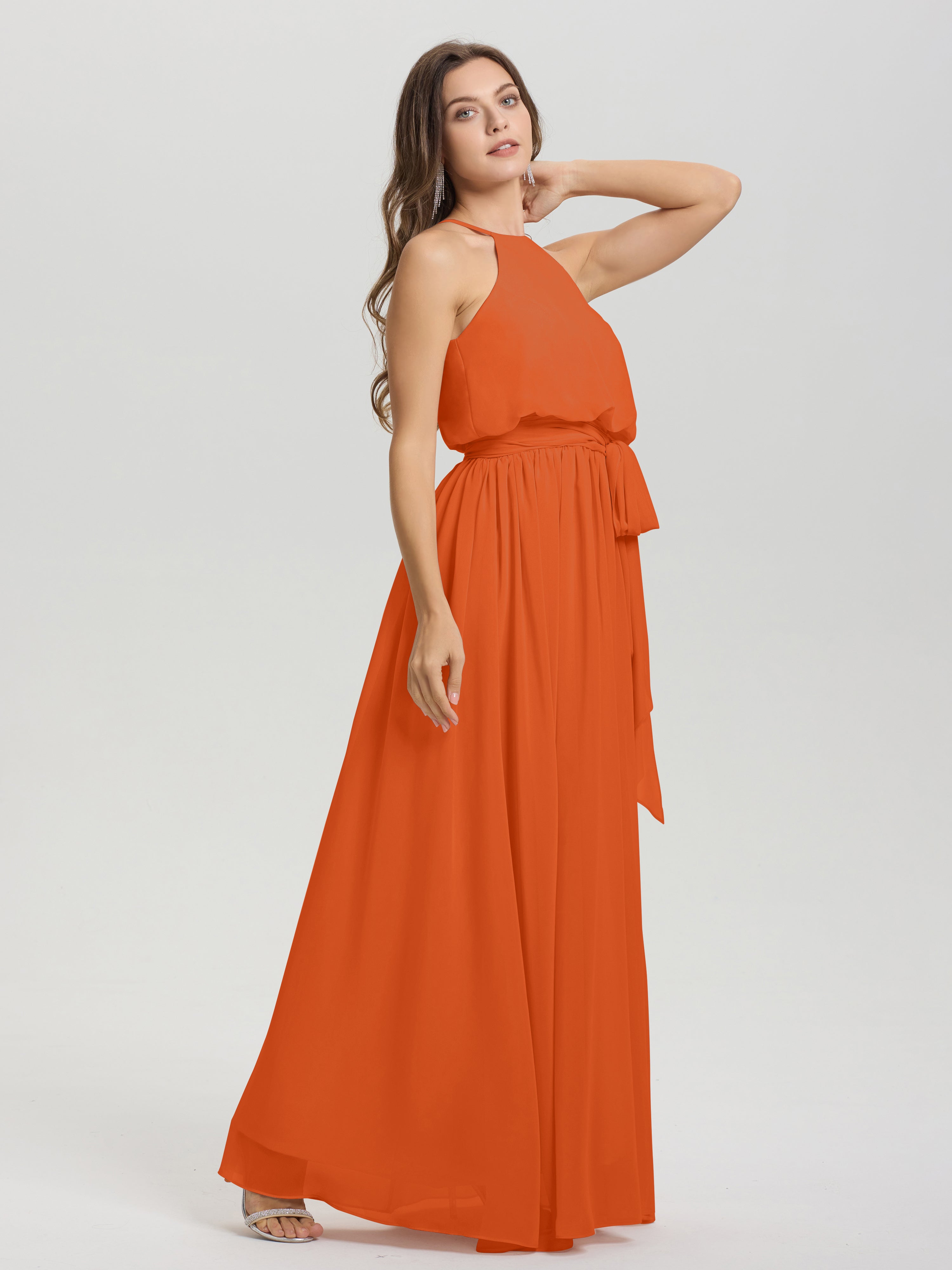 Robes De Demoiselle D'Honneur Orange Brûlé Licou Trapèze Mousseline Robe Demoiselle D'Honneur