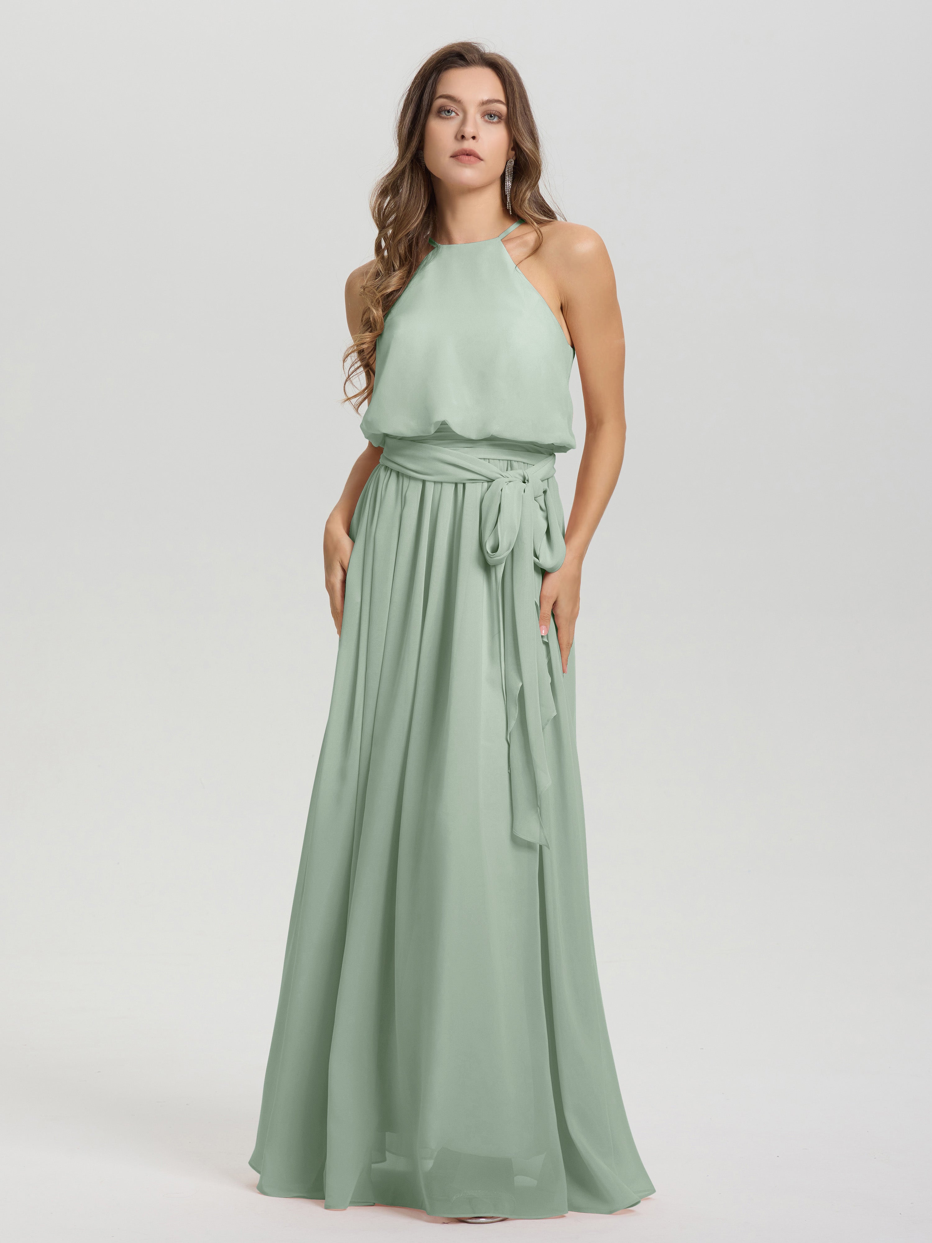 Robe Demoiselle D Honneur Celadon Ethérée Licou Trapèze Mousseline Robe Demoiselle D'Honneur