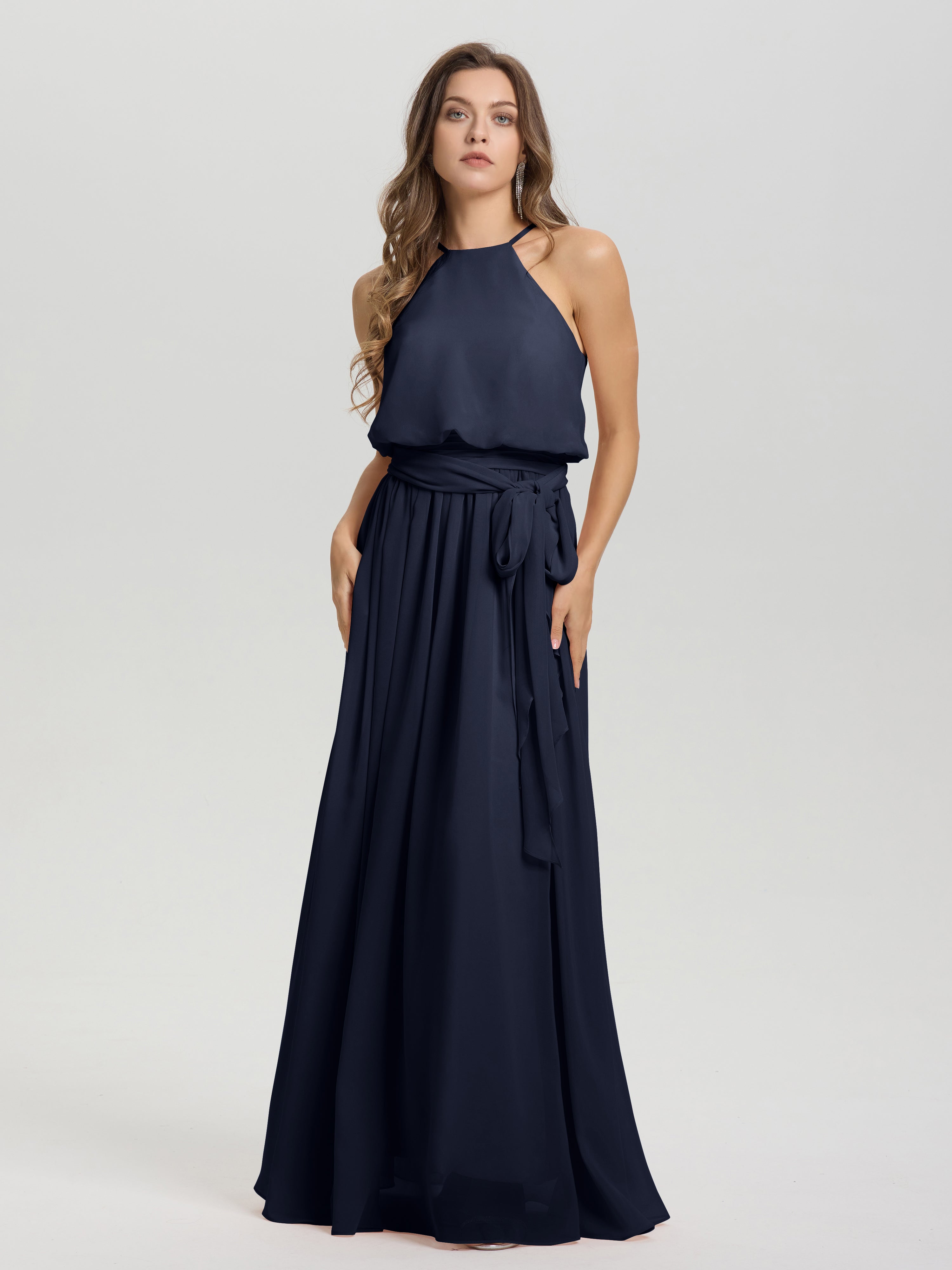 Robes De Demoiselle D'Honneur Bleu Marine Foncé Licou Trapèze Mousseline Robe Demoiselle D'Honneur