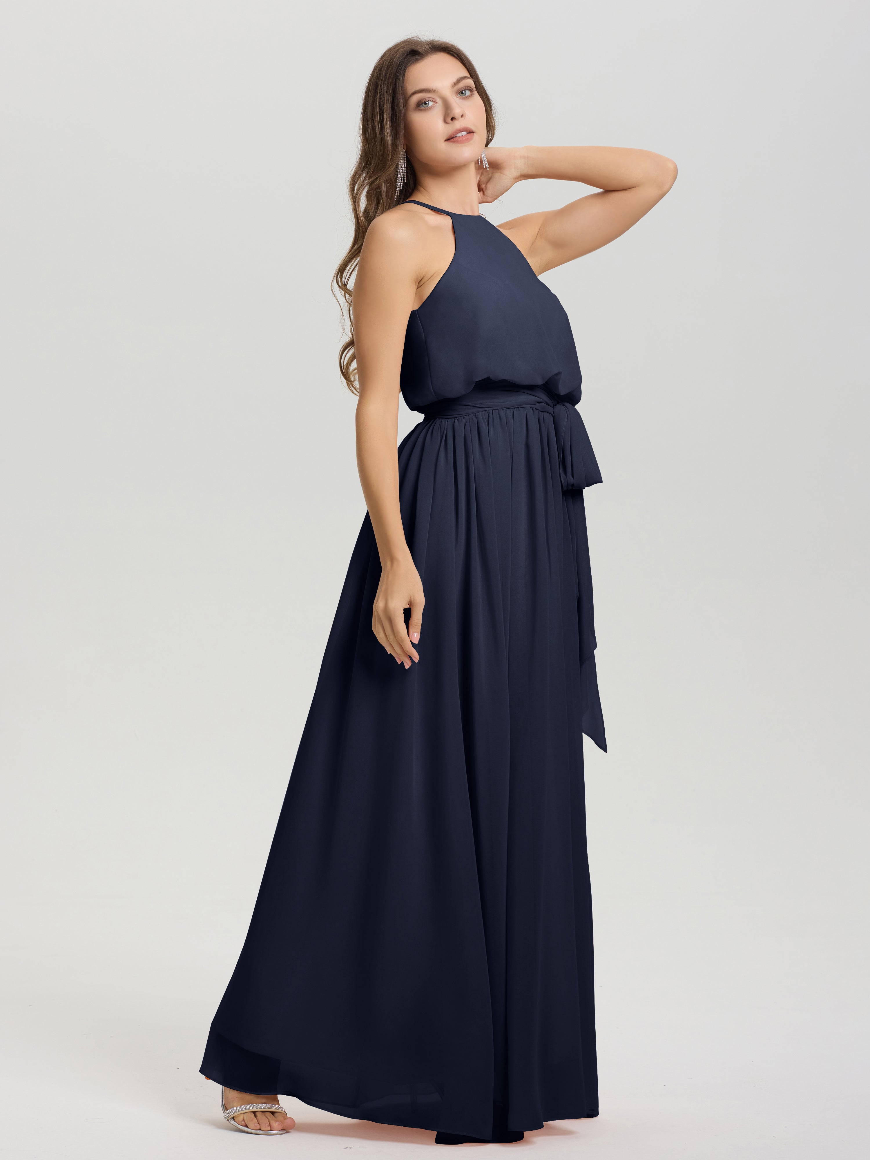 Robes De Demoiselle D'Honneur Bleu Marine Foncé Licou Trapèze Mousseline Robe Demoiselle D'Honneur