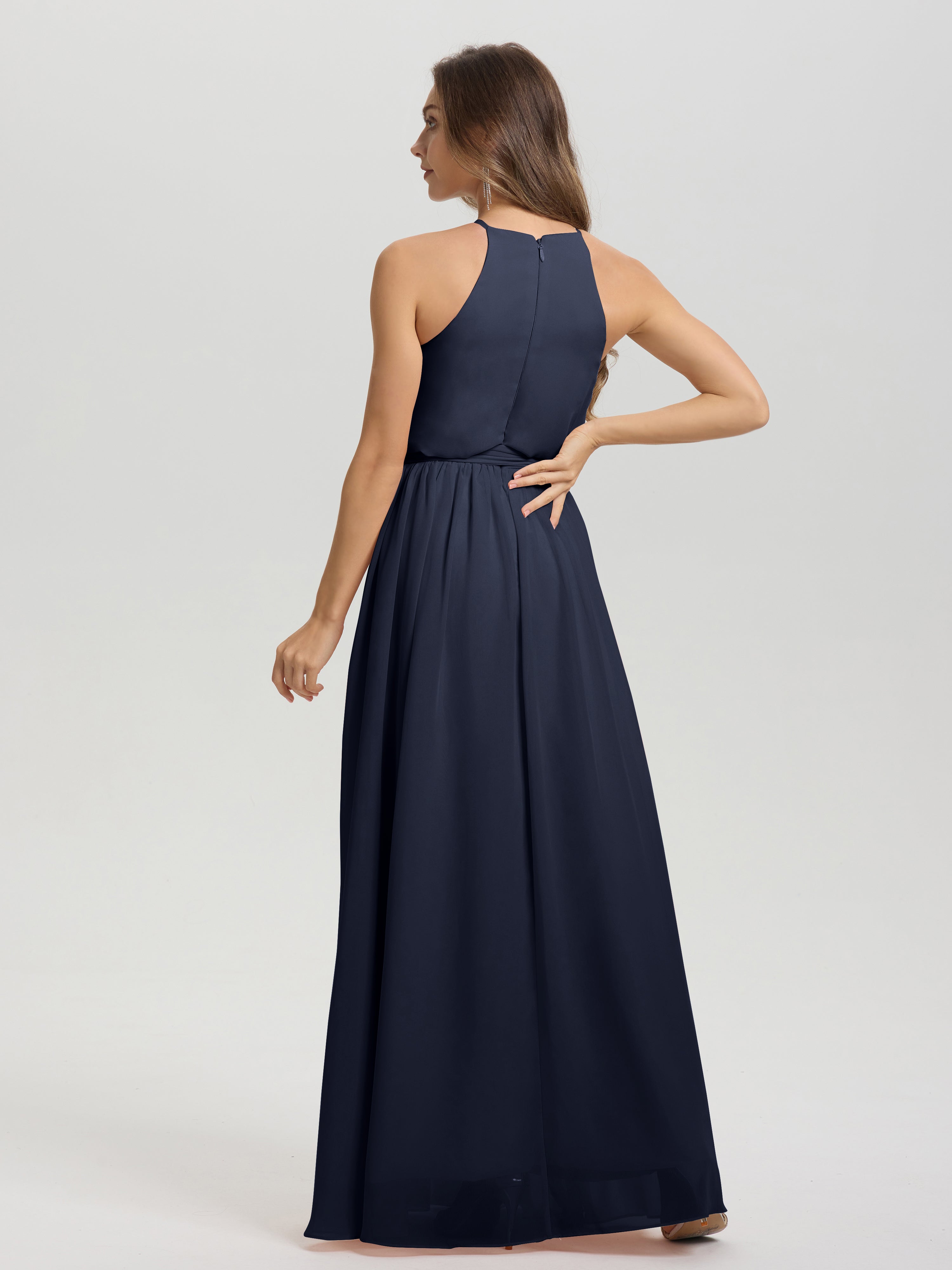 Robes De Demoiselle D'Honneur Bleu Marine Foncé Licou Trapèze Mousseline Robe Demoiselle D'Honneur