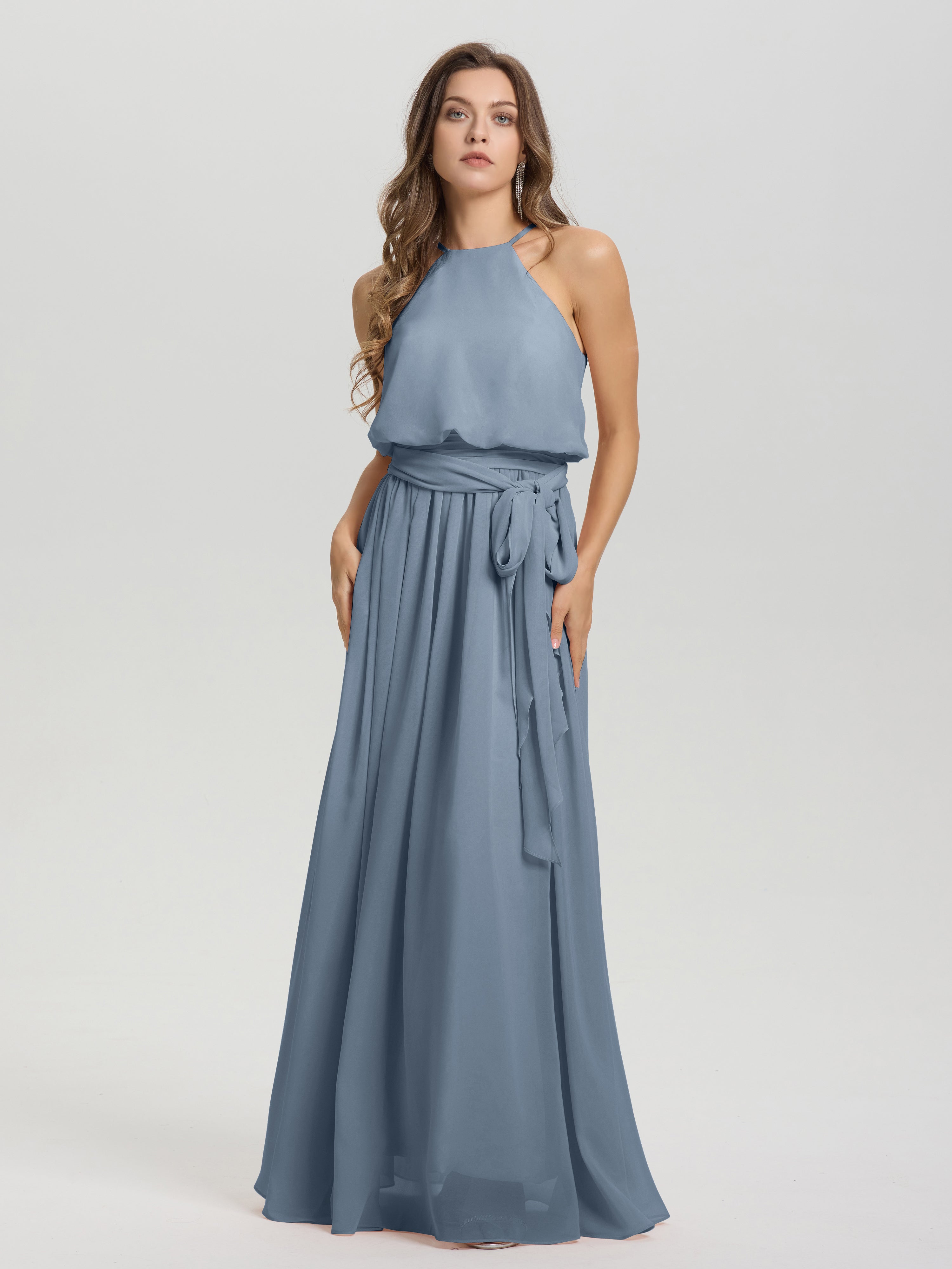 Robes De Demoiselle D'Honneur Bleu Gris Licou Trapèze Mousseline Robe Demoiselle D'Honneur