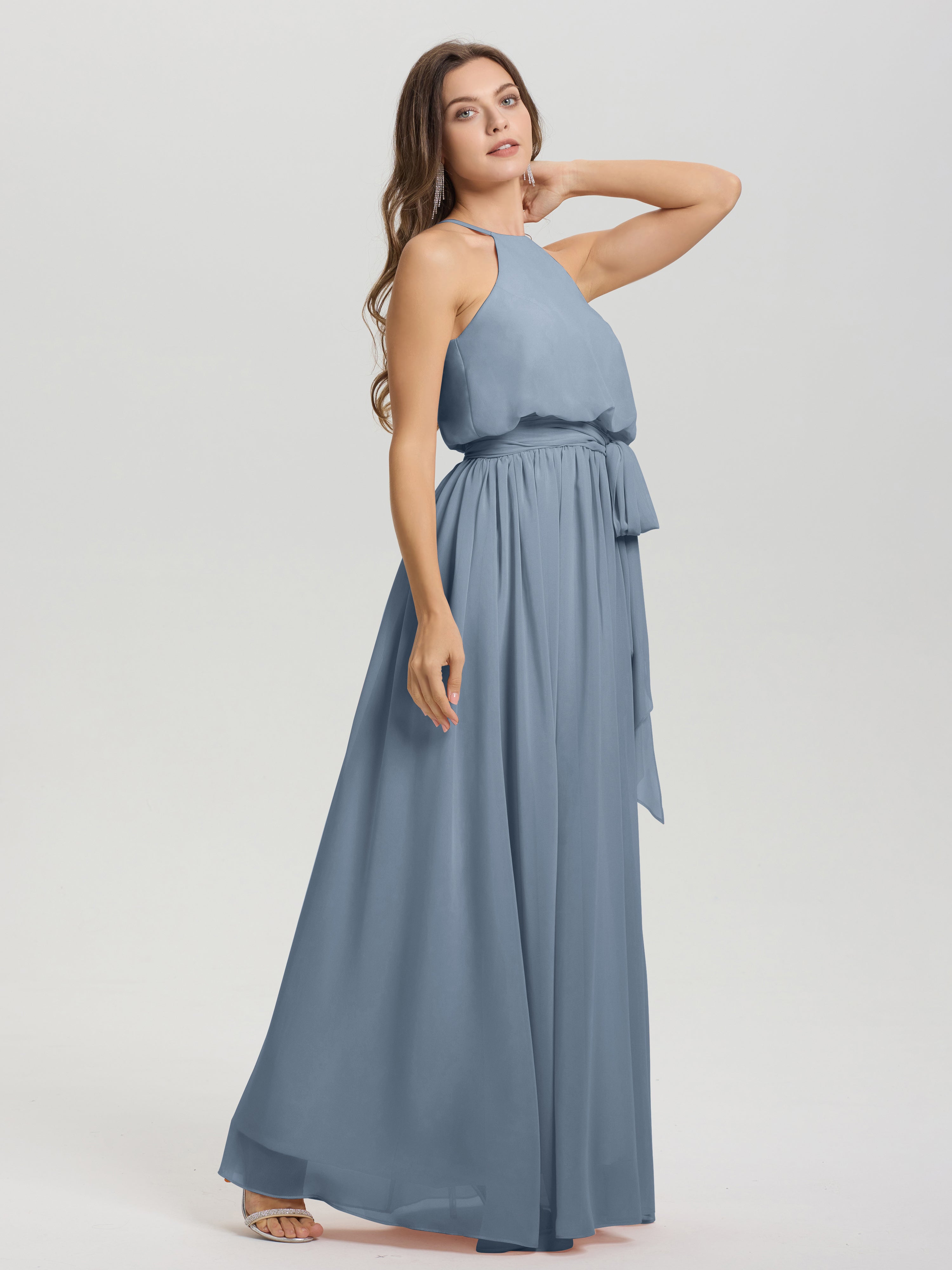 Robes De Demoiselle D'Honneur Bleu Gris Licou Trapèze Mousseline Robe Demoiselle D'Honneur