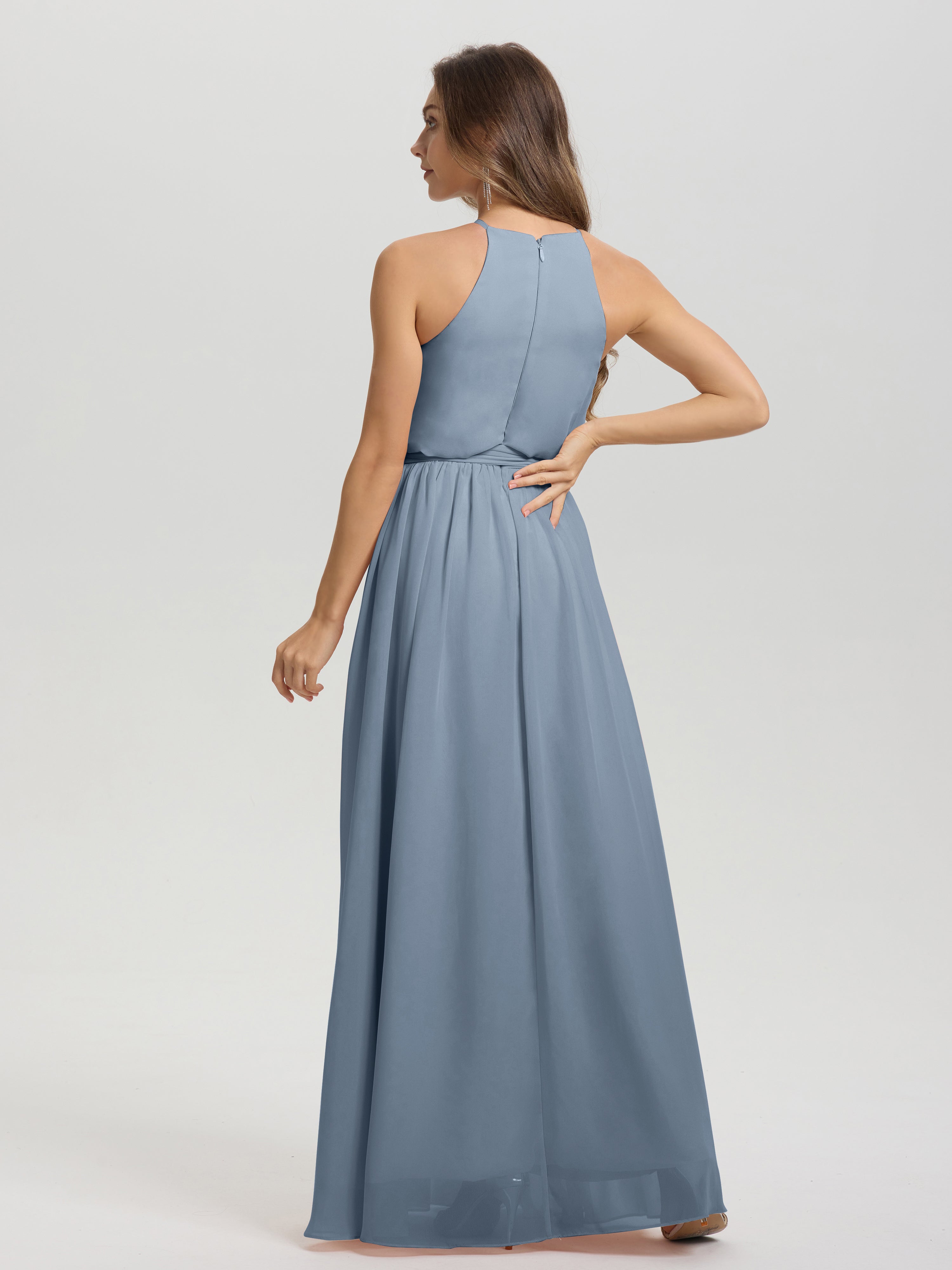Robes De Demoiselle D'Honneur Bleu Gris Licou Trapèze Mousseline Robe Demoiselle D'Honneur