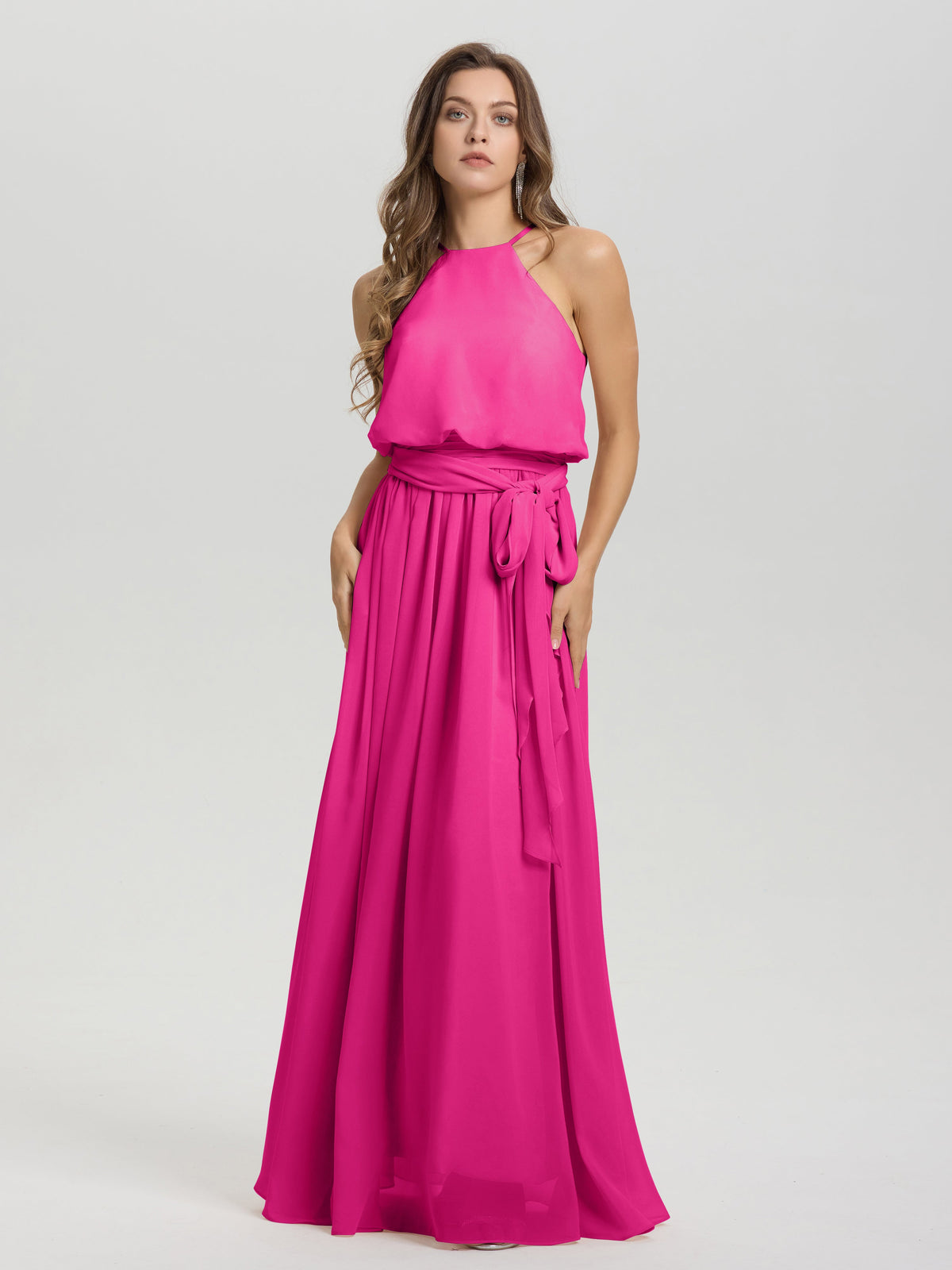 Robes De Demoiselle D'Honneur Couleur Rose Fuchsia Licou Trapèze Mousseline Robe Demoiselle D'Honneur