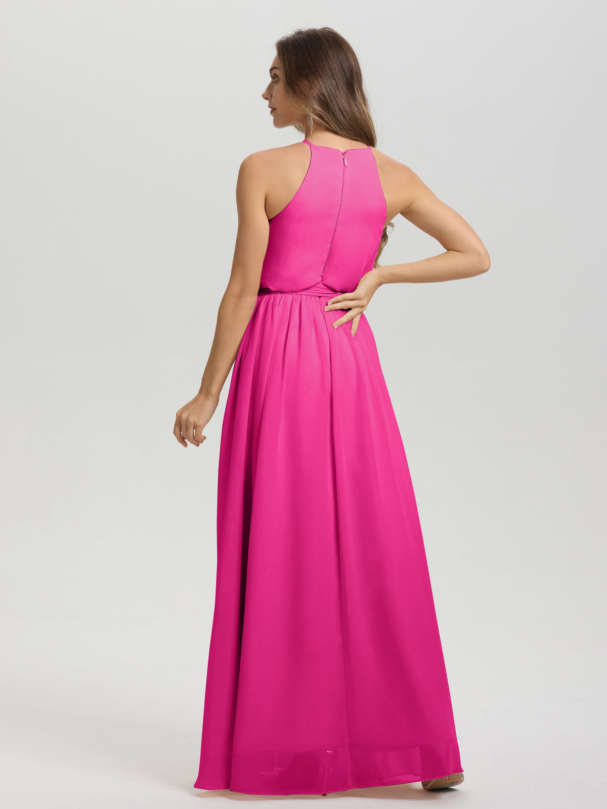 Robes De Demoiselle D'Honneur Couleur Rose Fuchsia Licou Trapèze Mousseline Robe Demoiselle D'Honneur