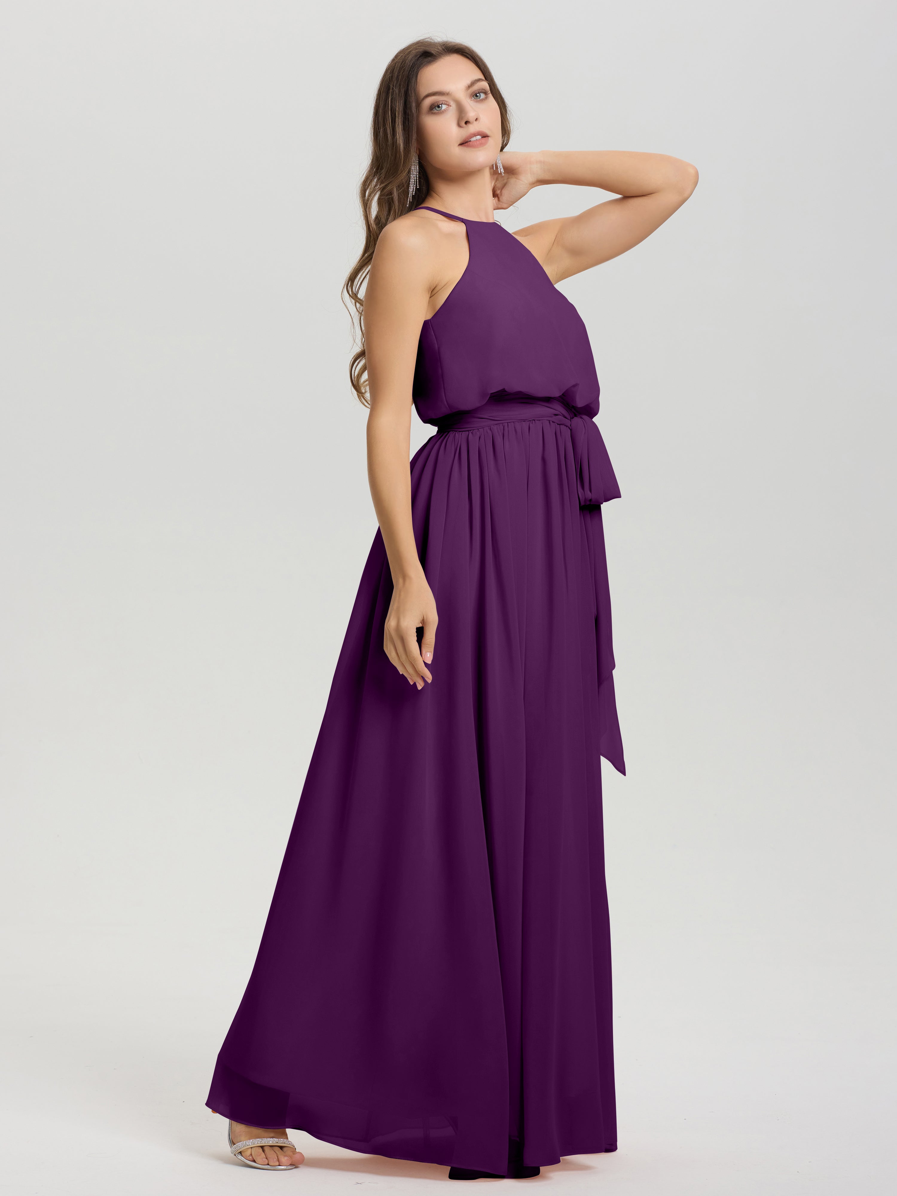 Robes De Demoiselle D'Honneur En Raisin Licou Trapèze Mousseline Robe Demoiselle D'Honneur