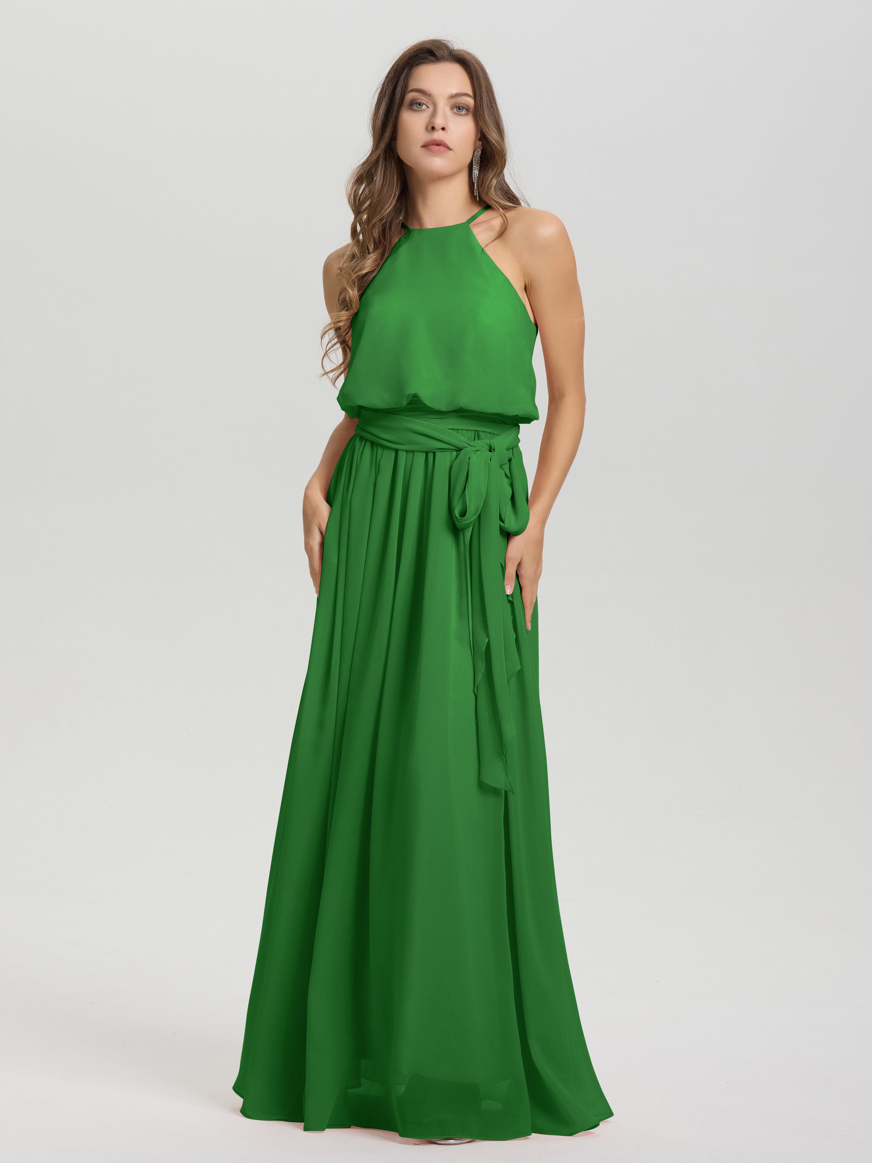 Robe Demoiselle D Honneur Verte Licou Trapèze Mousseline Robe Demoiselle D'Honneur