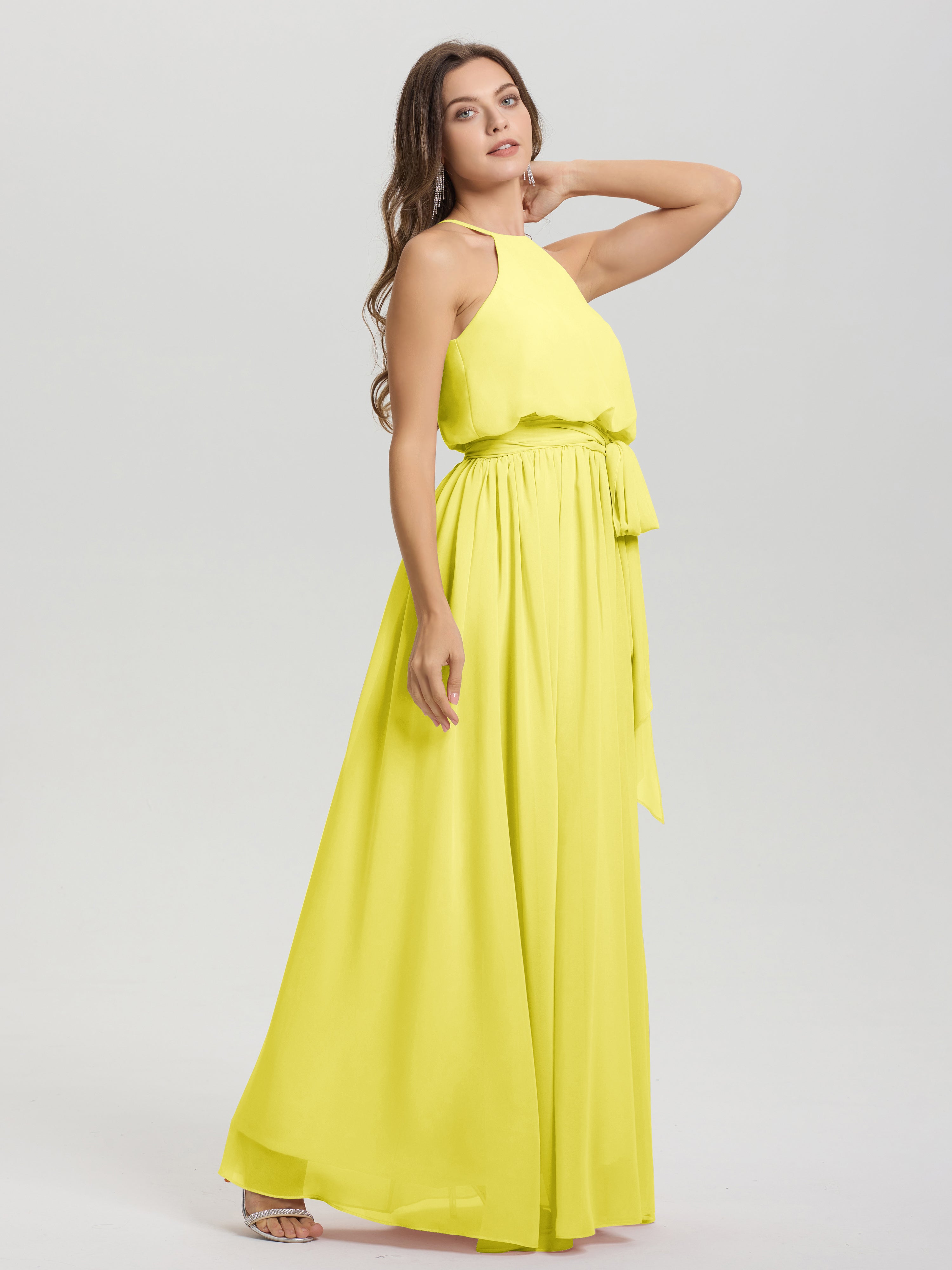 Robes De Demoiselle D'Honneur Citron Licou Trapèze Mousseline Robe Demoiselle D'Honneur