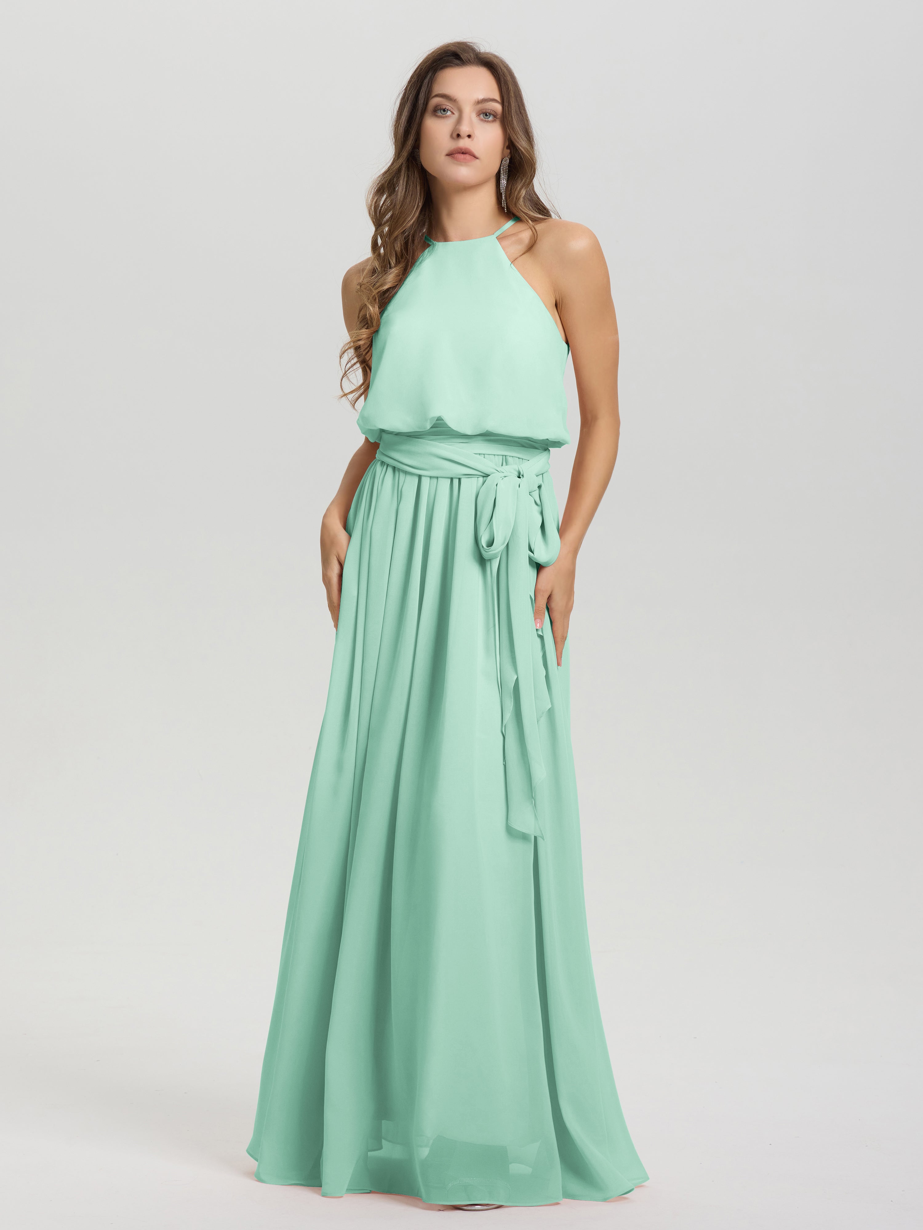 Robe Demoiselle D Honneur Menthe Licou Trapèze Mousseline Robe Demoiselle D'Honneur
