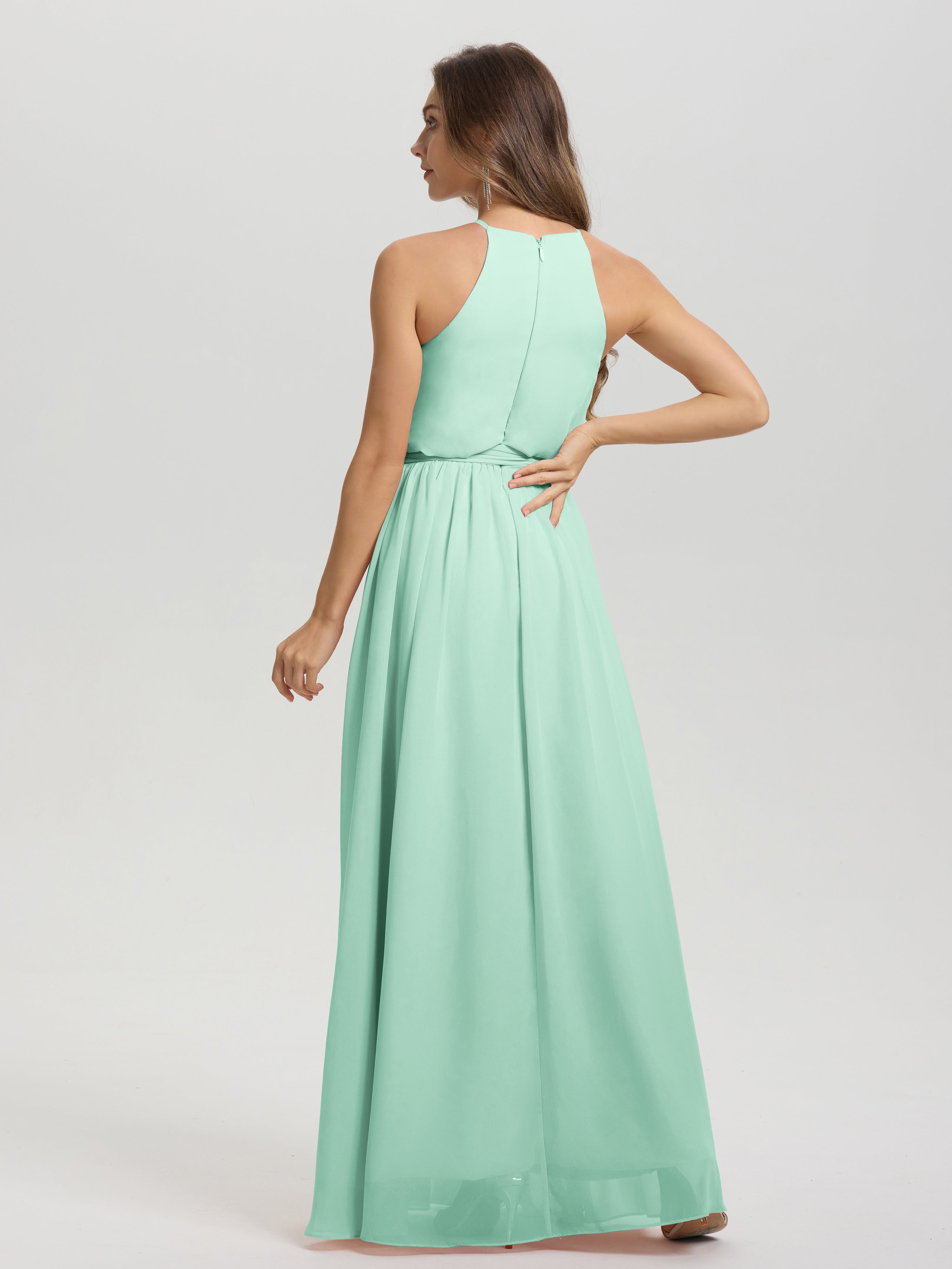 Robe Demoiselle D Honneur Menthe Licou Trapèze Mousseline Robe Demoiselle D'Honneur