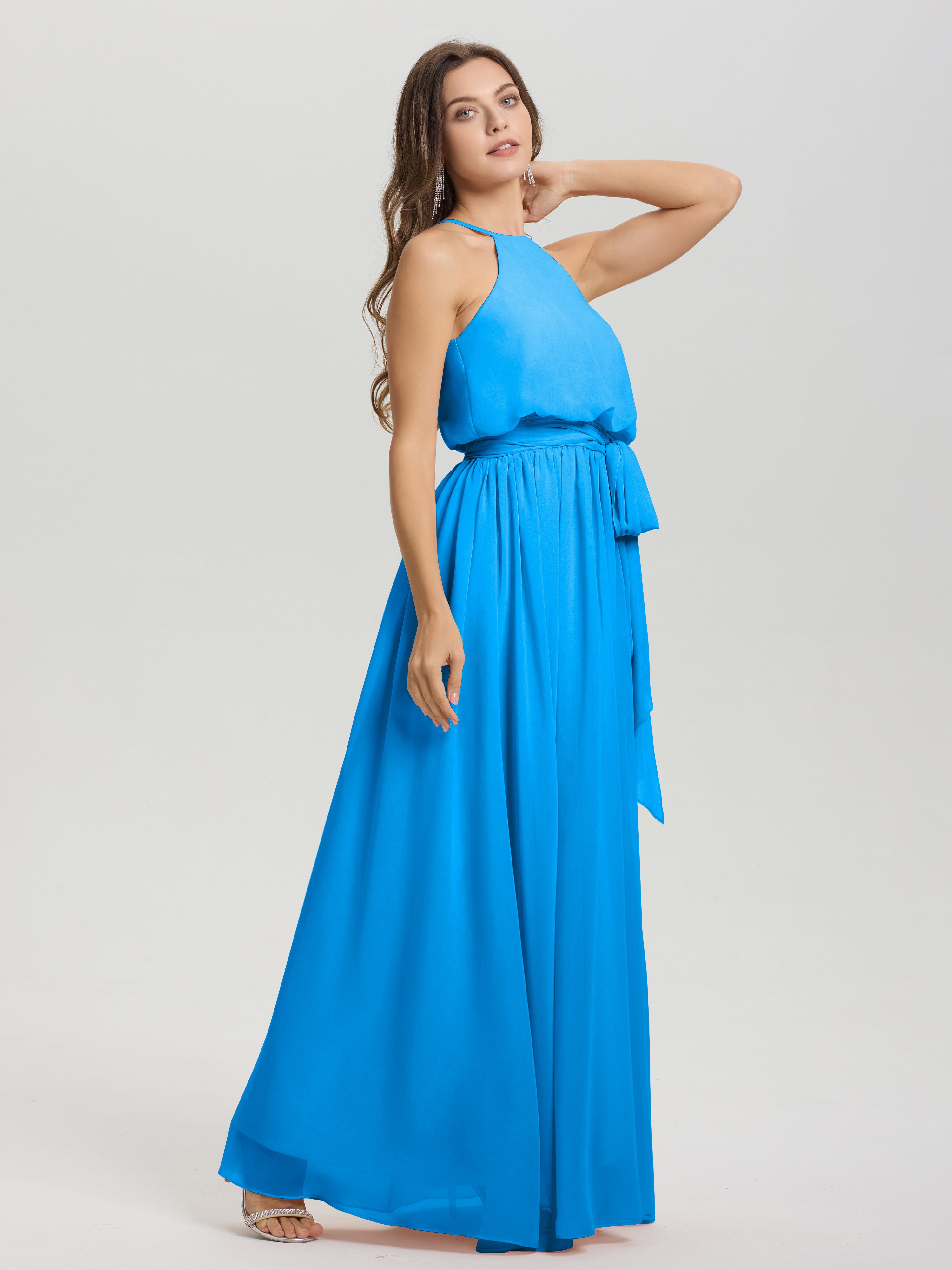 Robes De Demoiselle D'Honneur Bleu Océan Licou Trapèze Mousseline Robe Demoiselle D'Honneur