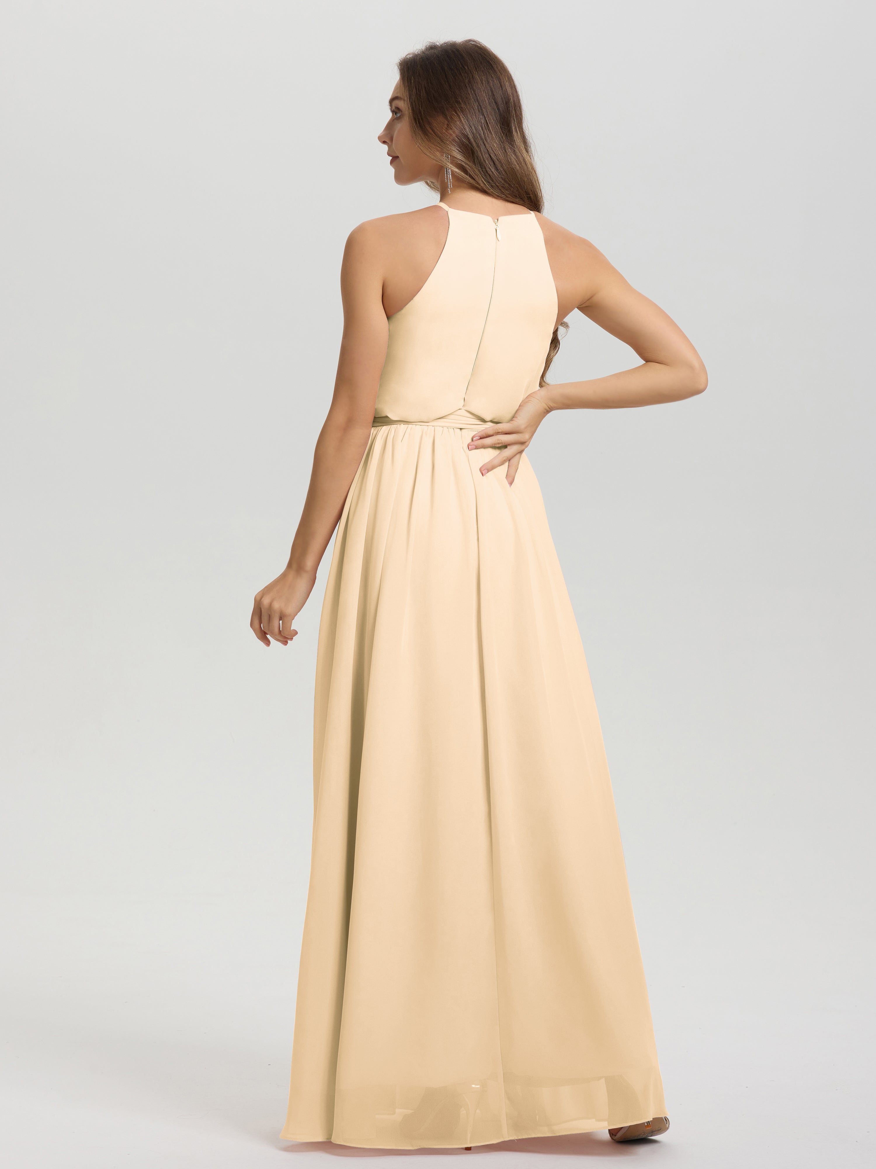 Robe De Demoiselle D Honneur Couleur Peche Licou Trapèze Mousseline Robe Demoiselle D'Honneur