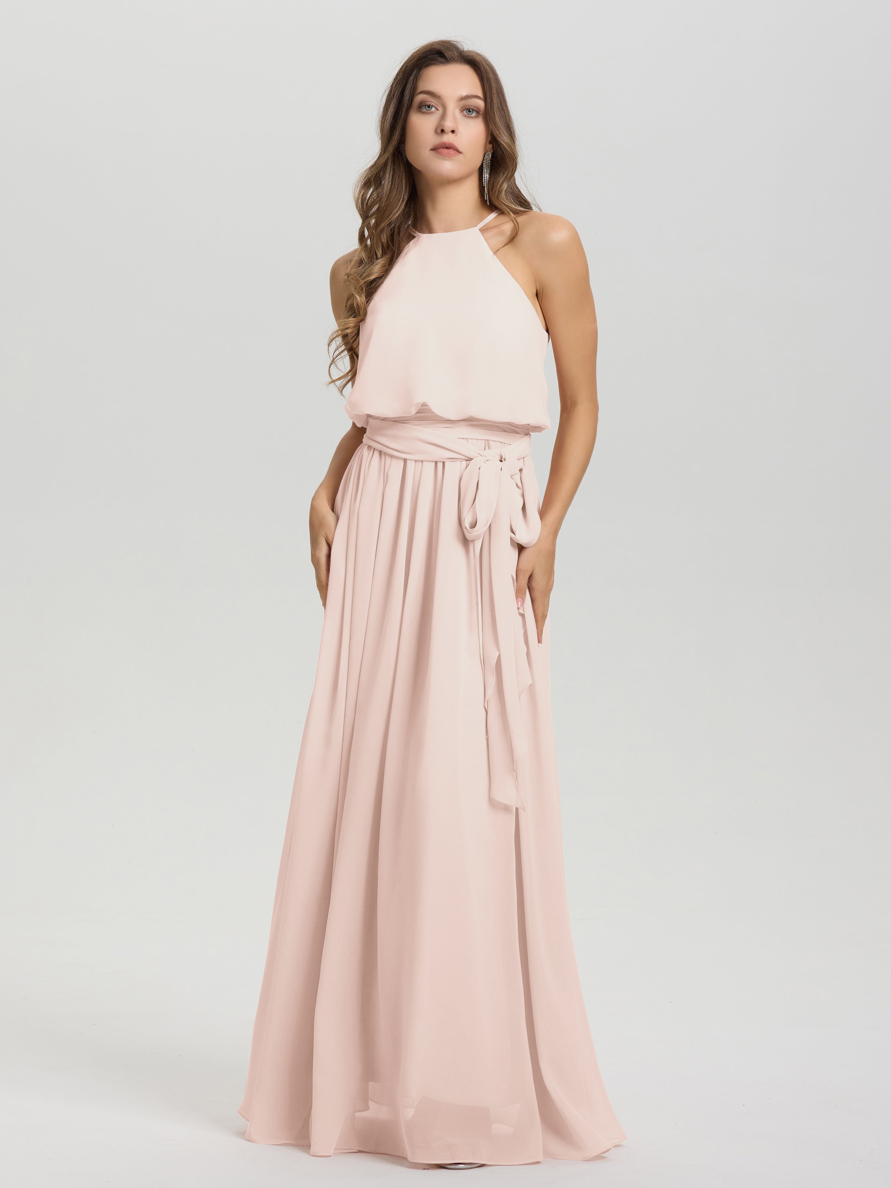 Robe Demoiselle D Honneur Rose Perle Licou Trapèze Mousseline Robe Demoiselle D'Honneur