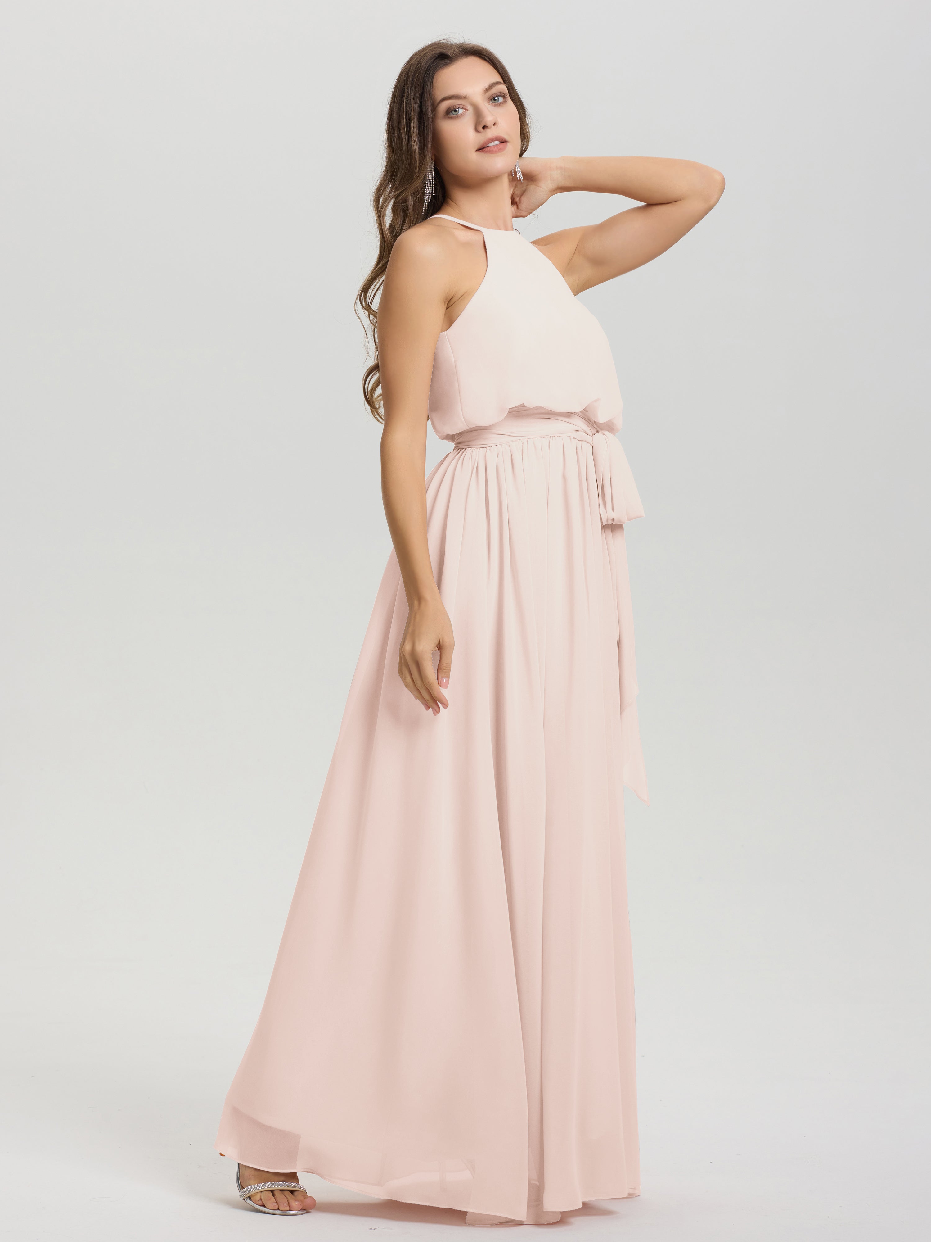 Robe Demoiselle D Honneur Rose Perle Licou Trapèze Mousseline Robe Demoiselle D'Honneur