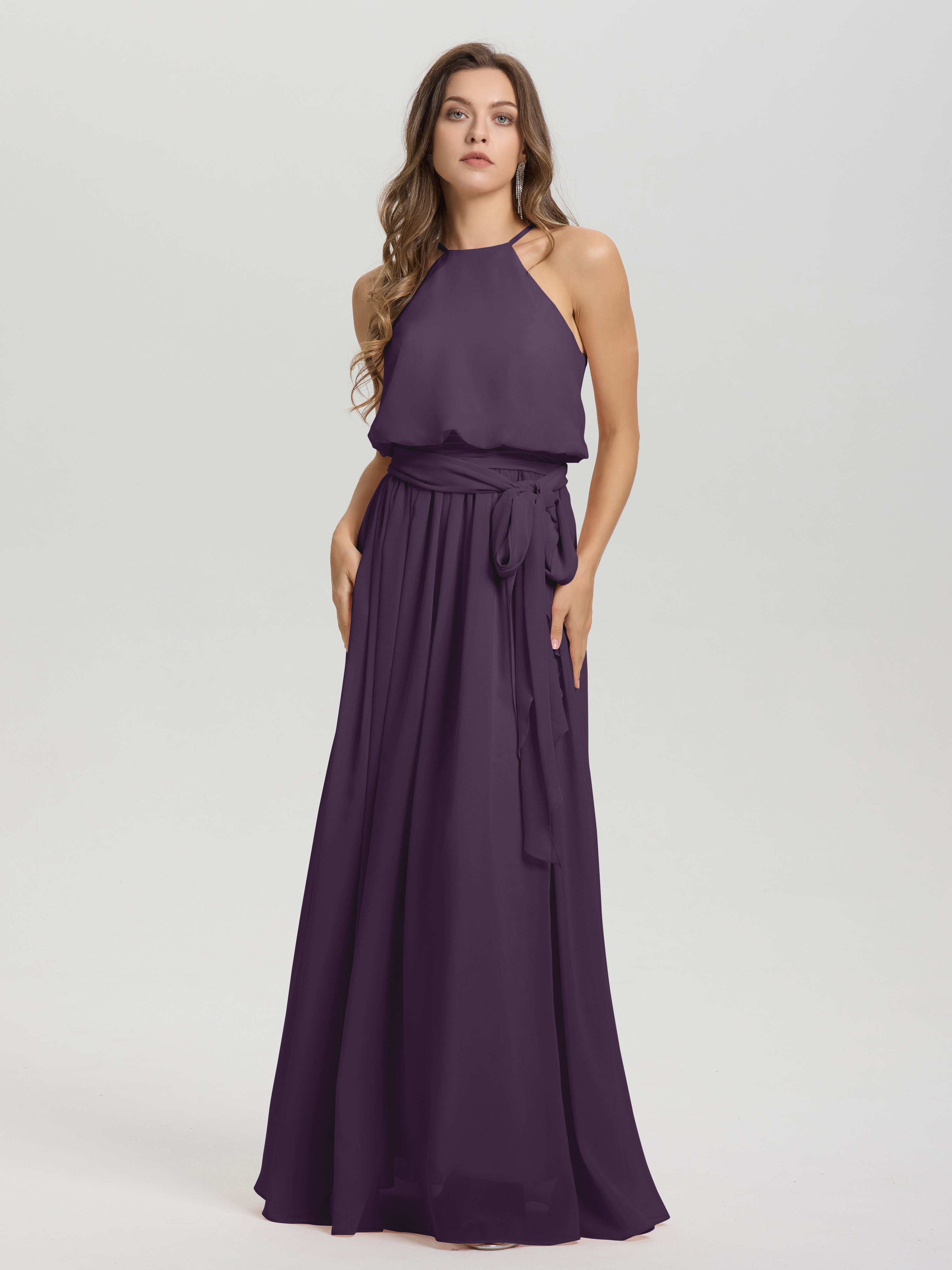 Robe Demoiselle D Honneur Plume Licou Trapèze Mousseline Robe Demoiselle D'Honneur