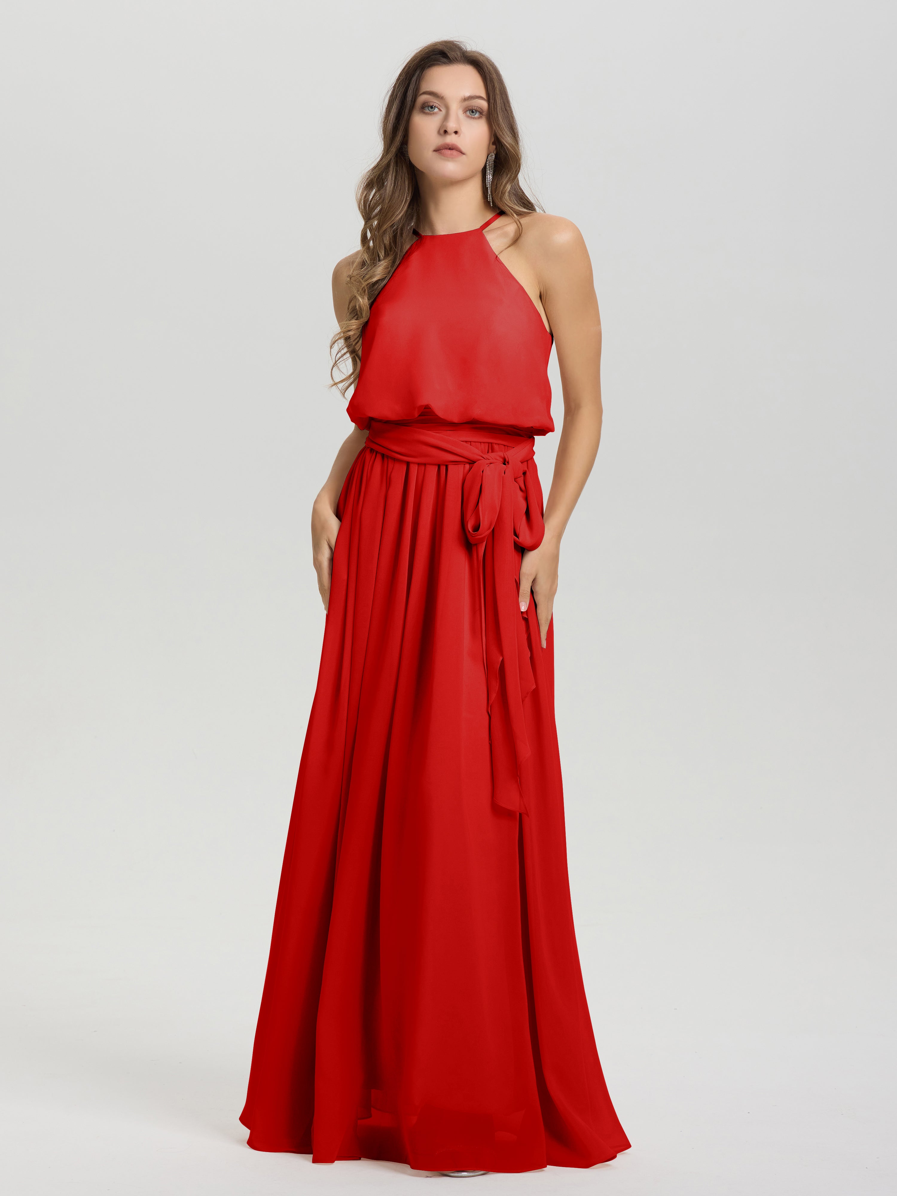 Robes De Demoiselle D'Honneur Rouges Longues Licou Trapèze Mousseline Robe Demoiselle D'Honneur