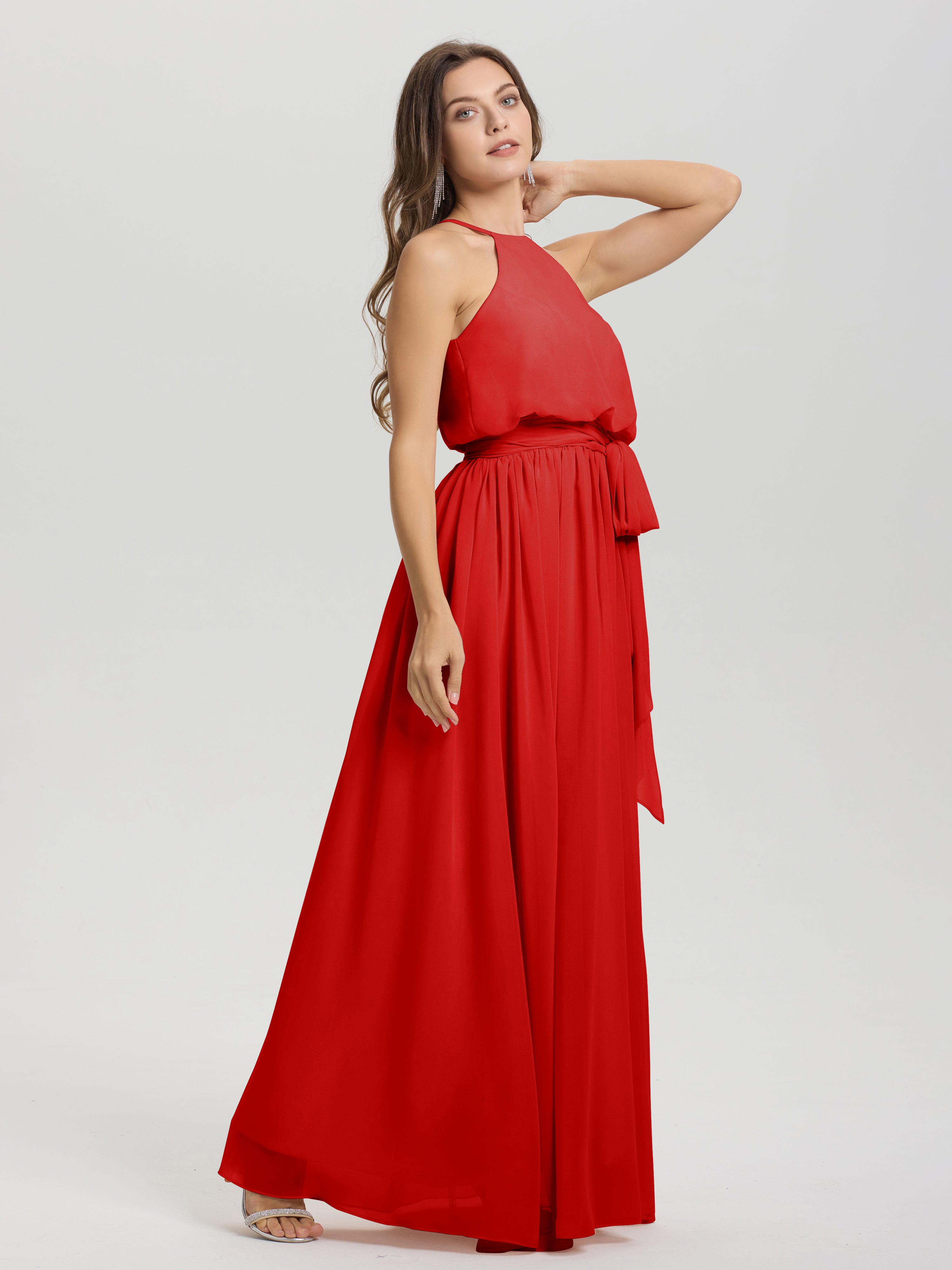 Robes De Demoiselle D'Honneur Rouges Longues Licou Trapèze Mousseline Robe Demoiselle D'Honneur