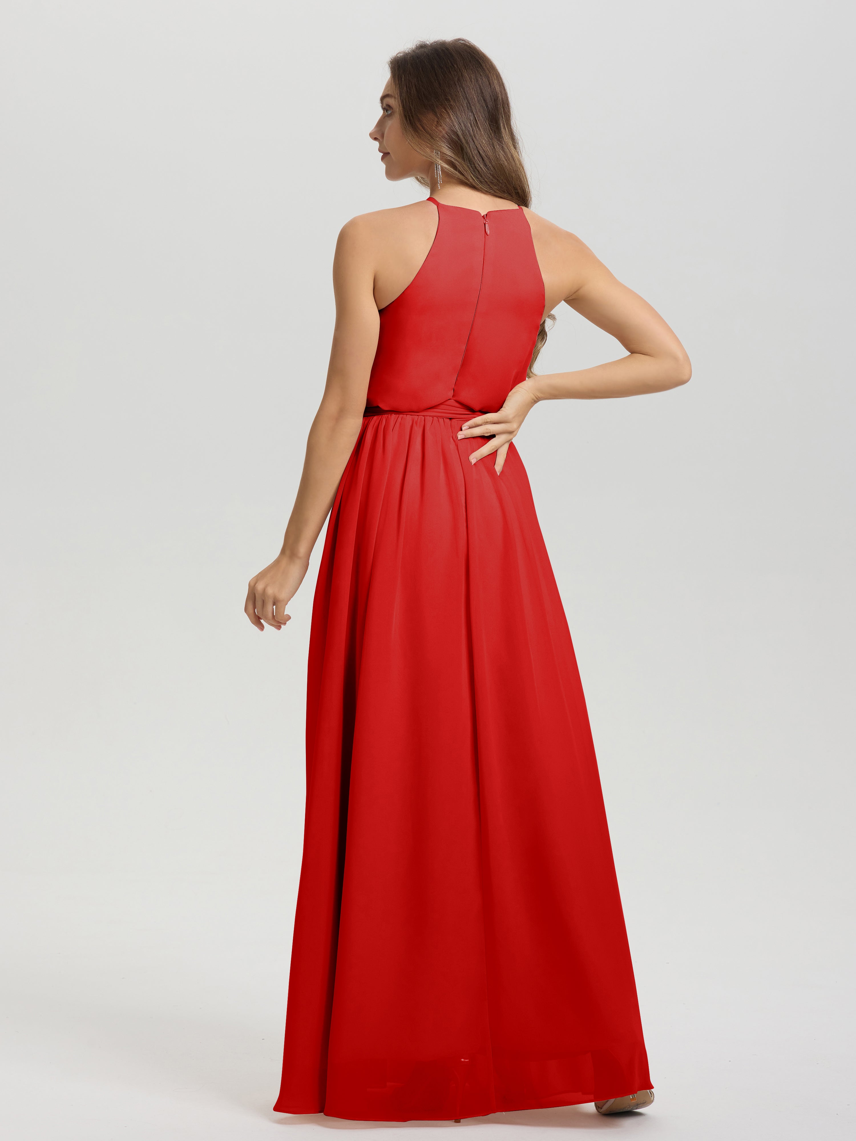 Robes De Demoiselle D'Honneur Rouges Longues Licou Trapèze Mousseline Robe Demoiselle D'Honneur