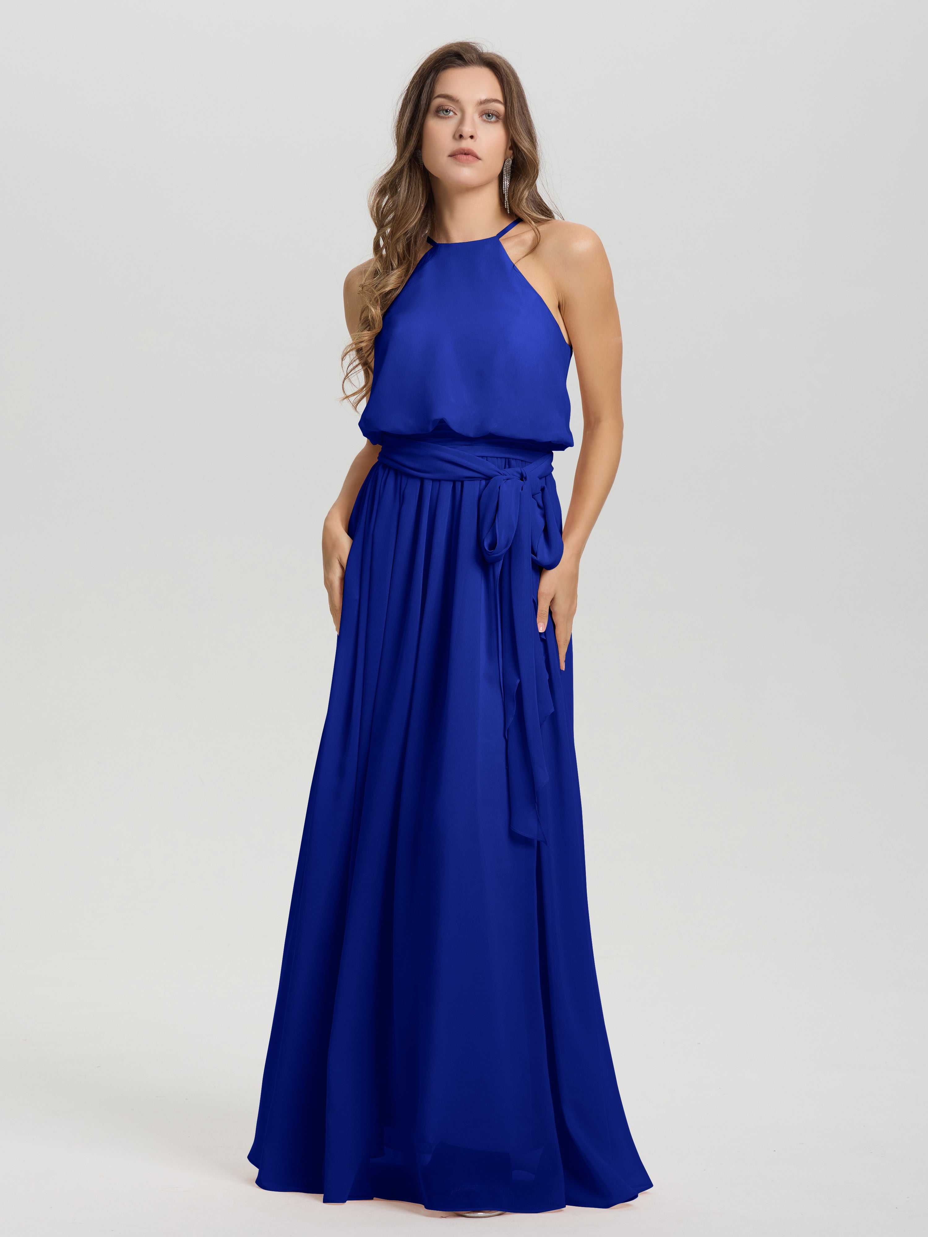 Robe Demoiselle D Honneur Bleu Roi Licou Trapèze Mousseline Robe Demoiselle D'Honneur