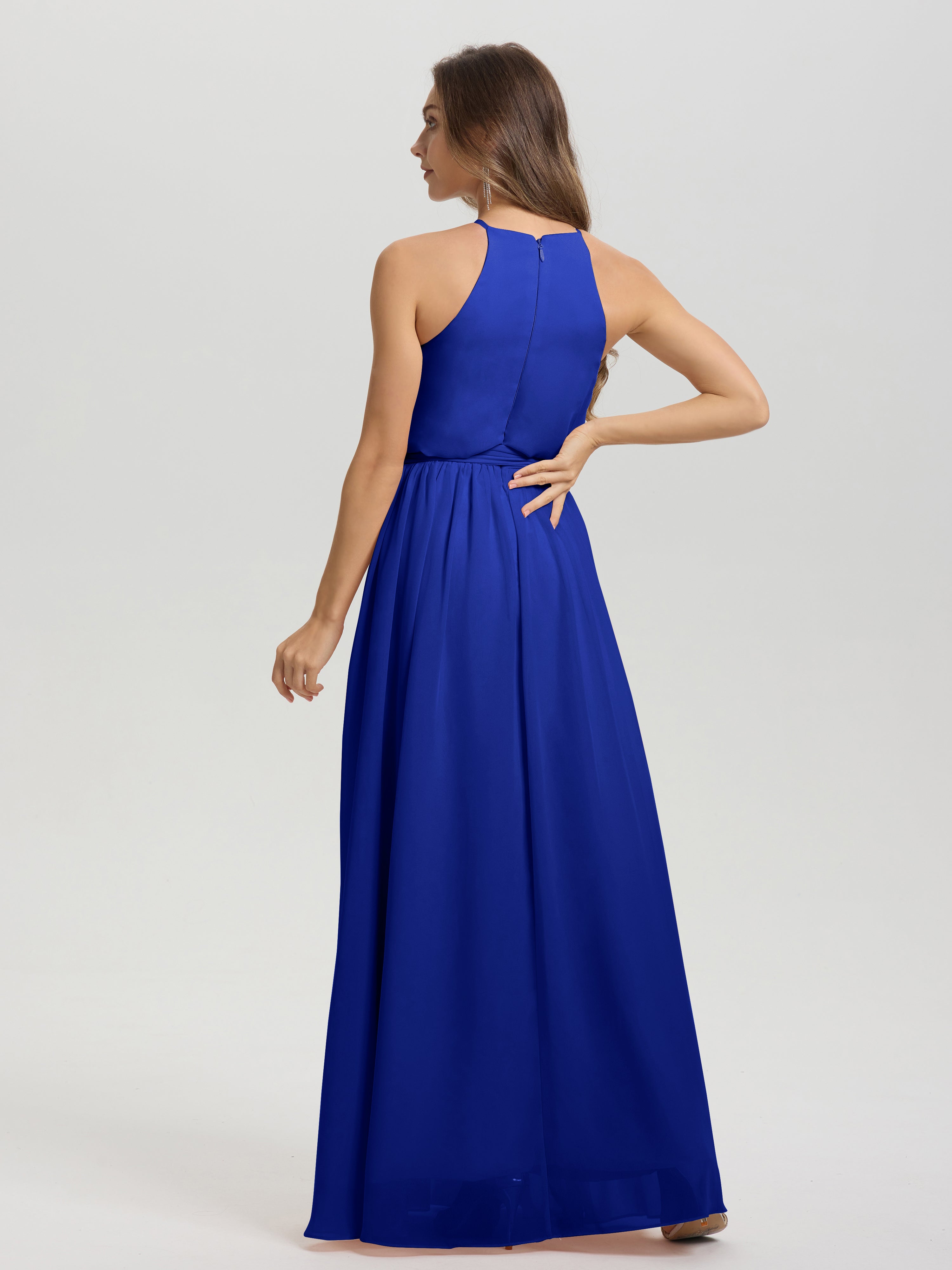 Robe Demoiselle D Honneur Bleu Roi Licou Trapèze Mousseline Robe Demoiselle D'Honneur