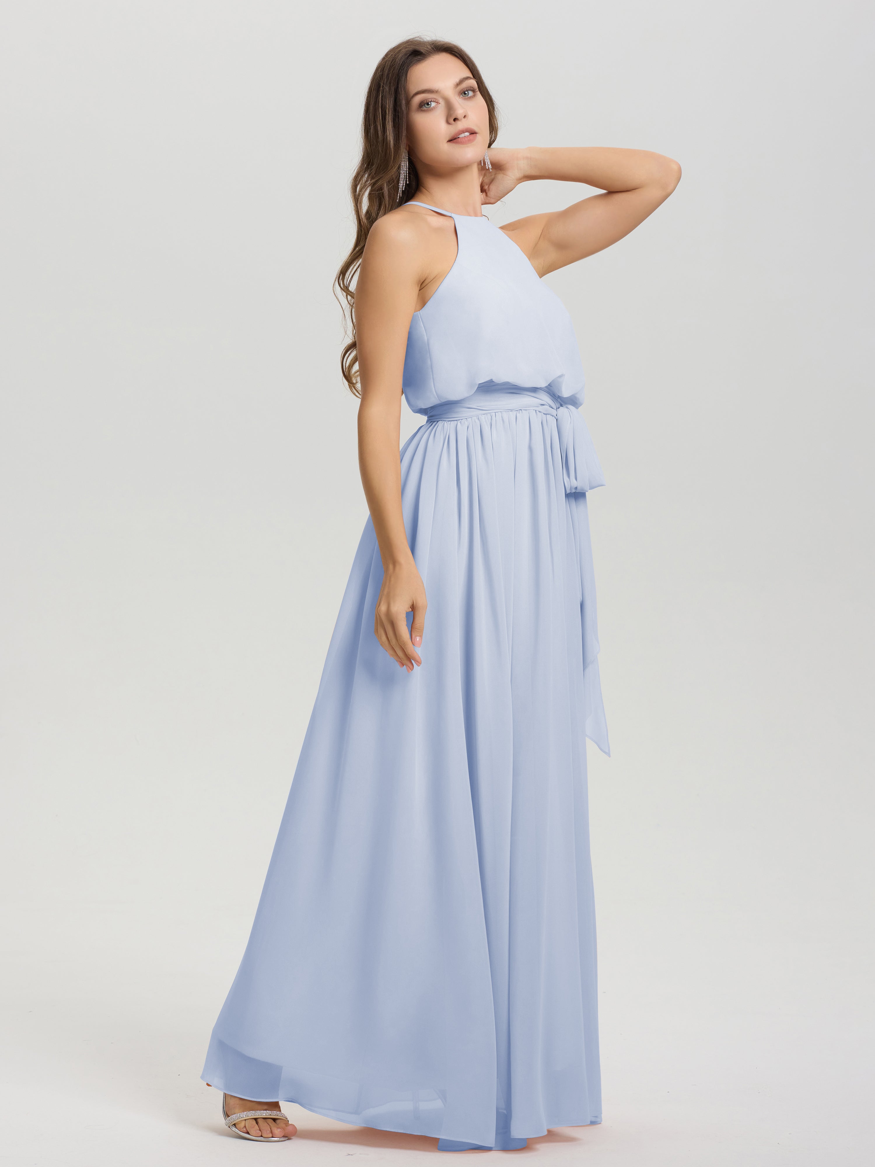 Robe Demoiselle D Honneur Bleue Ciel Licou Trapèze Mousseline Robe Demoiselle D'Honneur