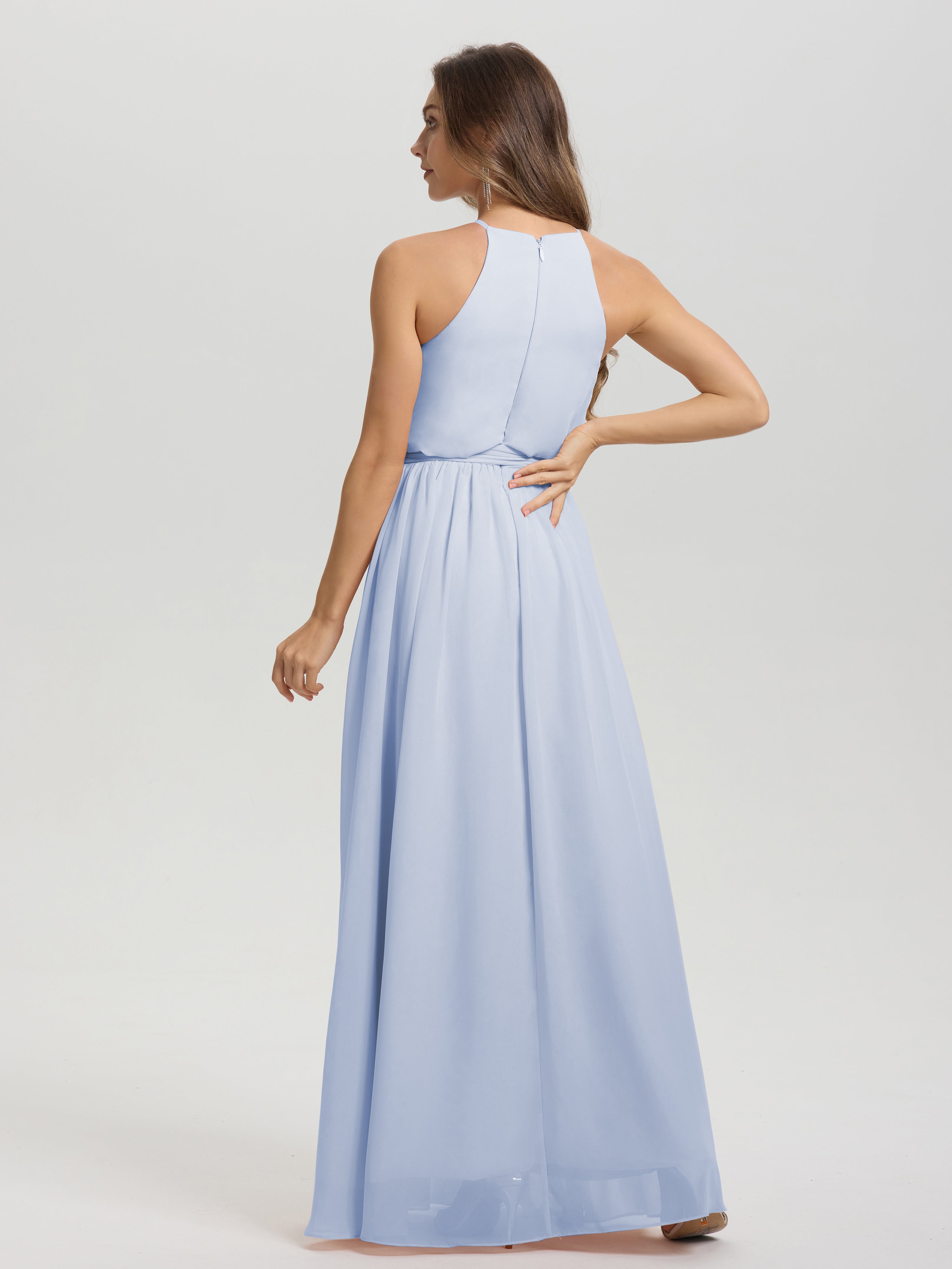Robe Demoiselle D Honneur Bleue Ciel Licou Trapèze Mousseline Robe Demoiselle D'Honneur