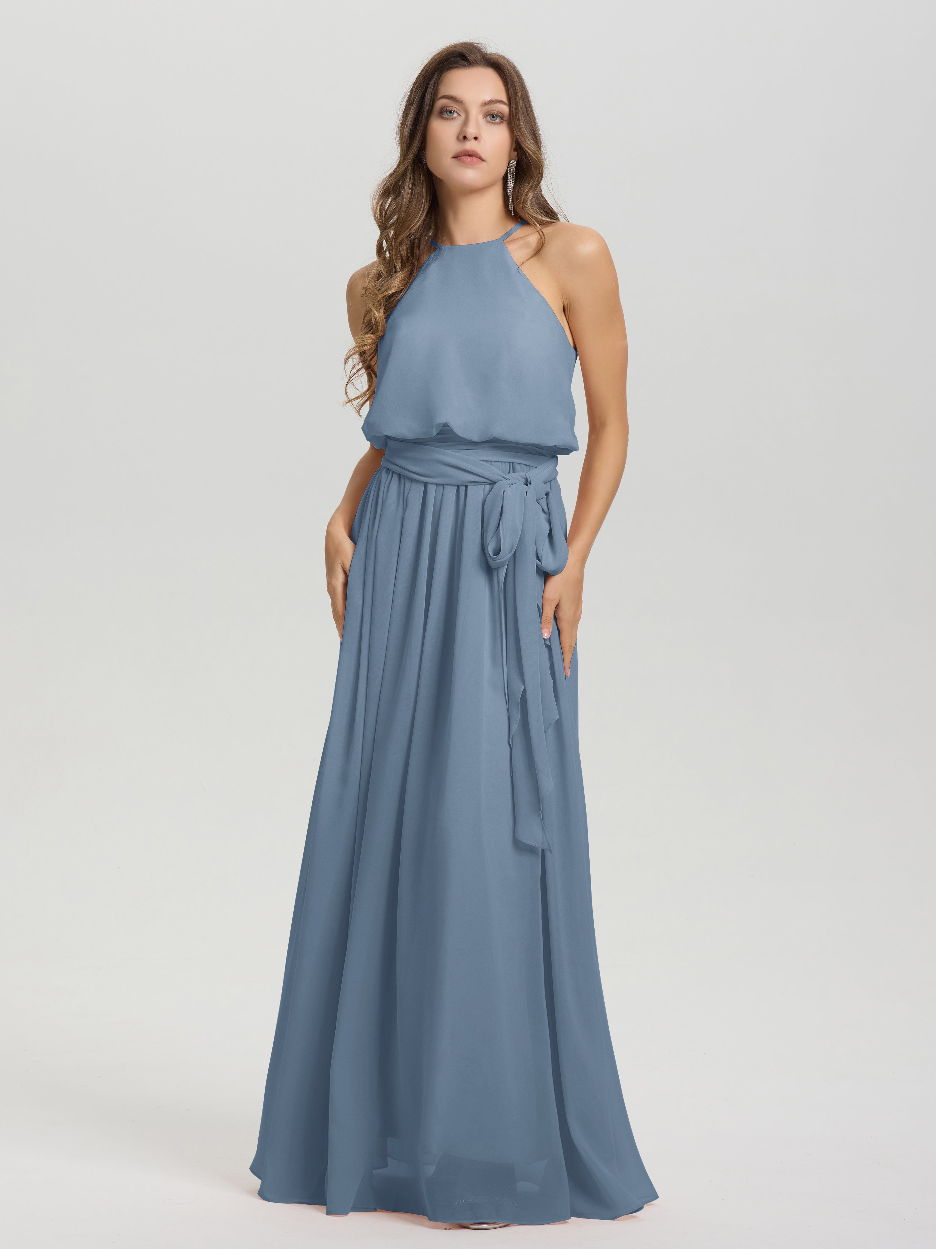 Robes De Demoiselle D'Honneur Bleu De Schiste Licou Trapèze Mousseline Robe Demoiselle D'Honneur