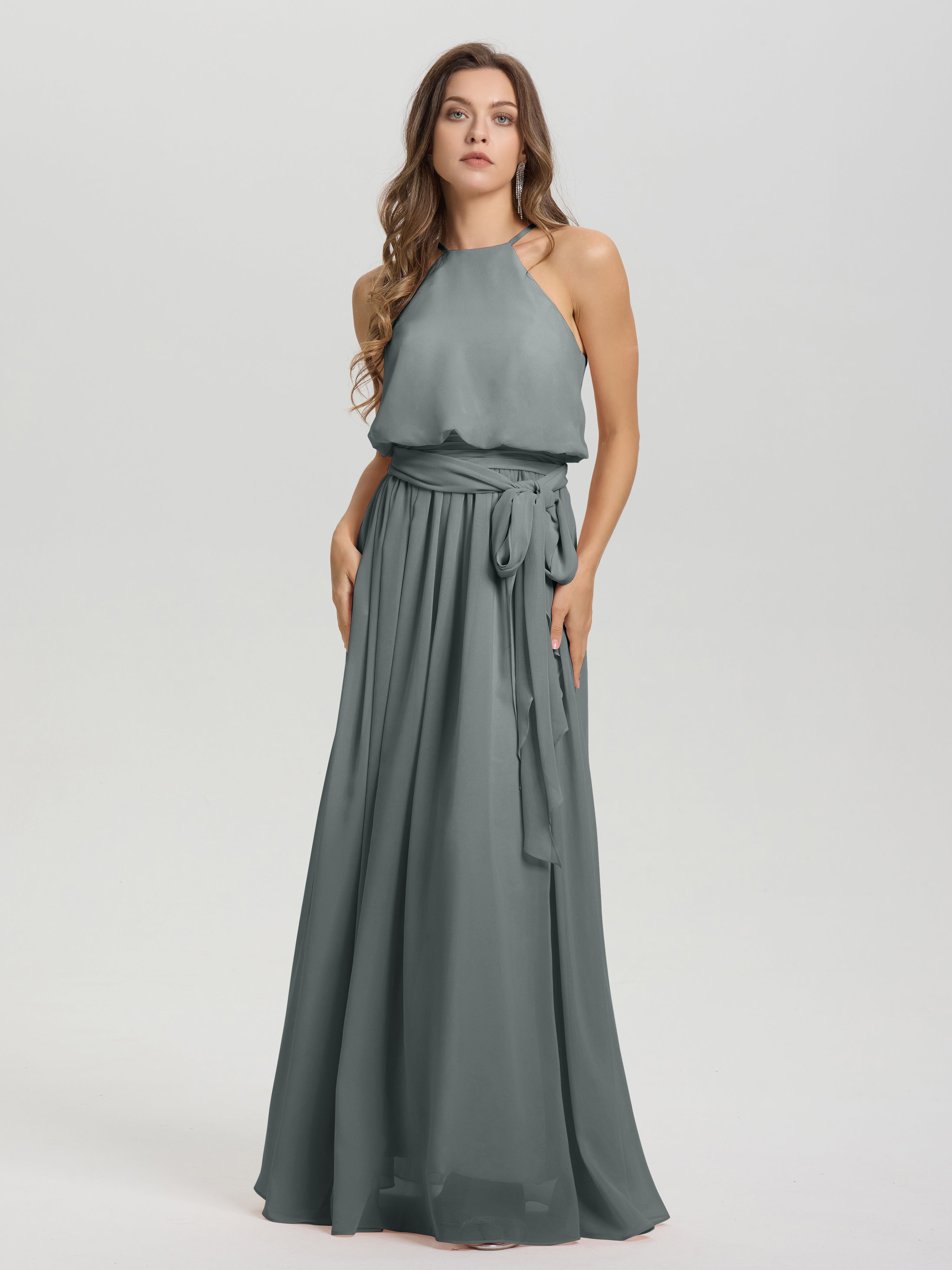 Robe Longue Grise Demoiselle D Honneur Licou Trapèze Mousseline Robe Demoiselle D'Honneur