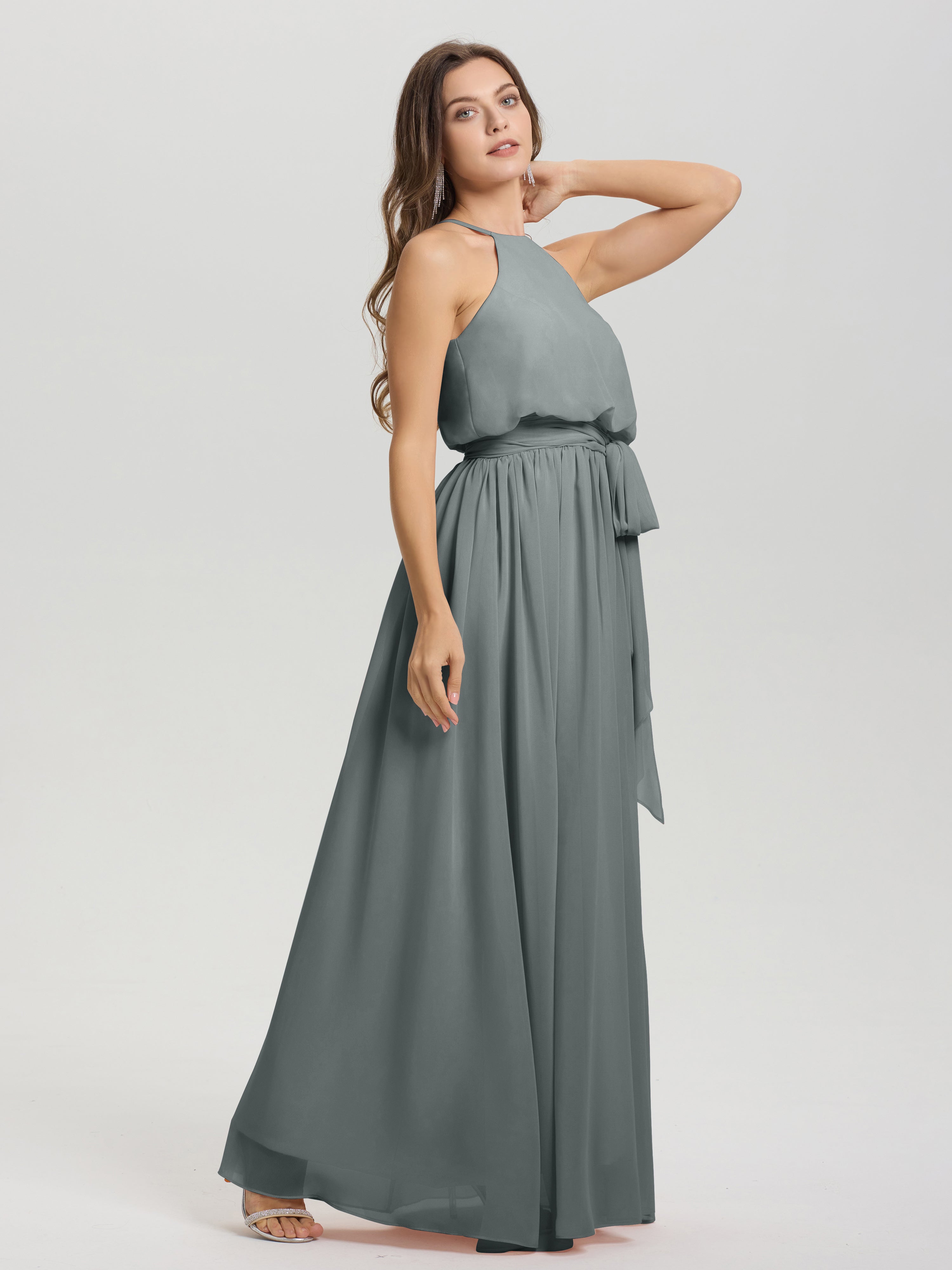 Robe Longue Grise Demoiselle D Honneur Licou Trapèze Mousseline Robe Demoiselle D'Honneur