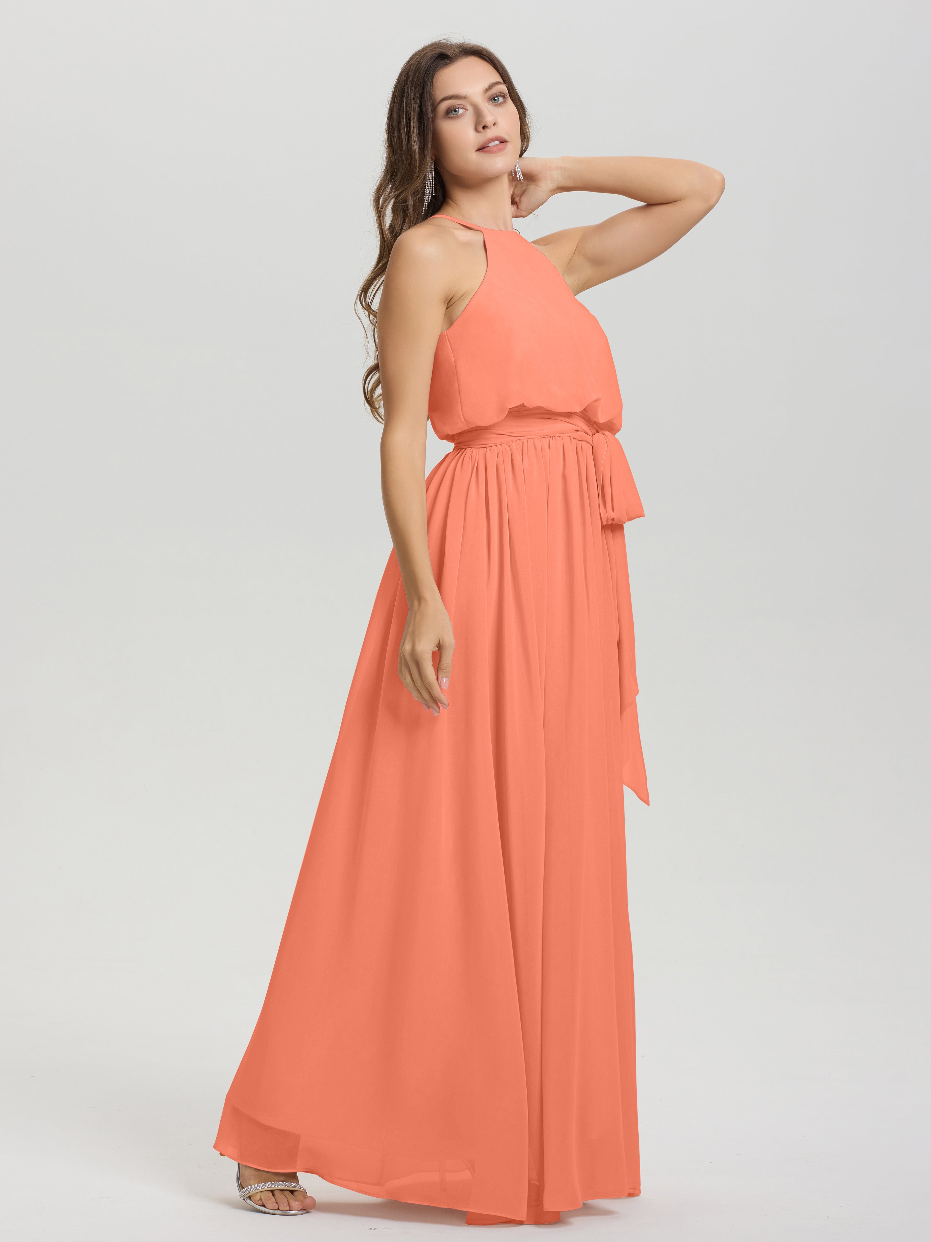 Robes De Demoiselle D'Honneur Coucher De Soleil Licou Trapèze Mousseline Robe Demoiselle D'Honneur