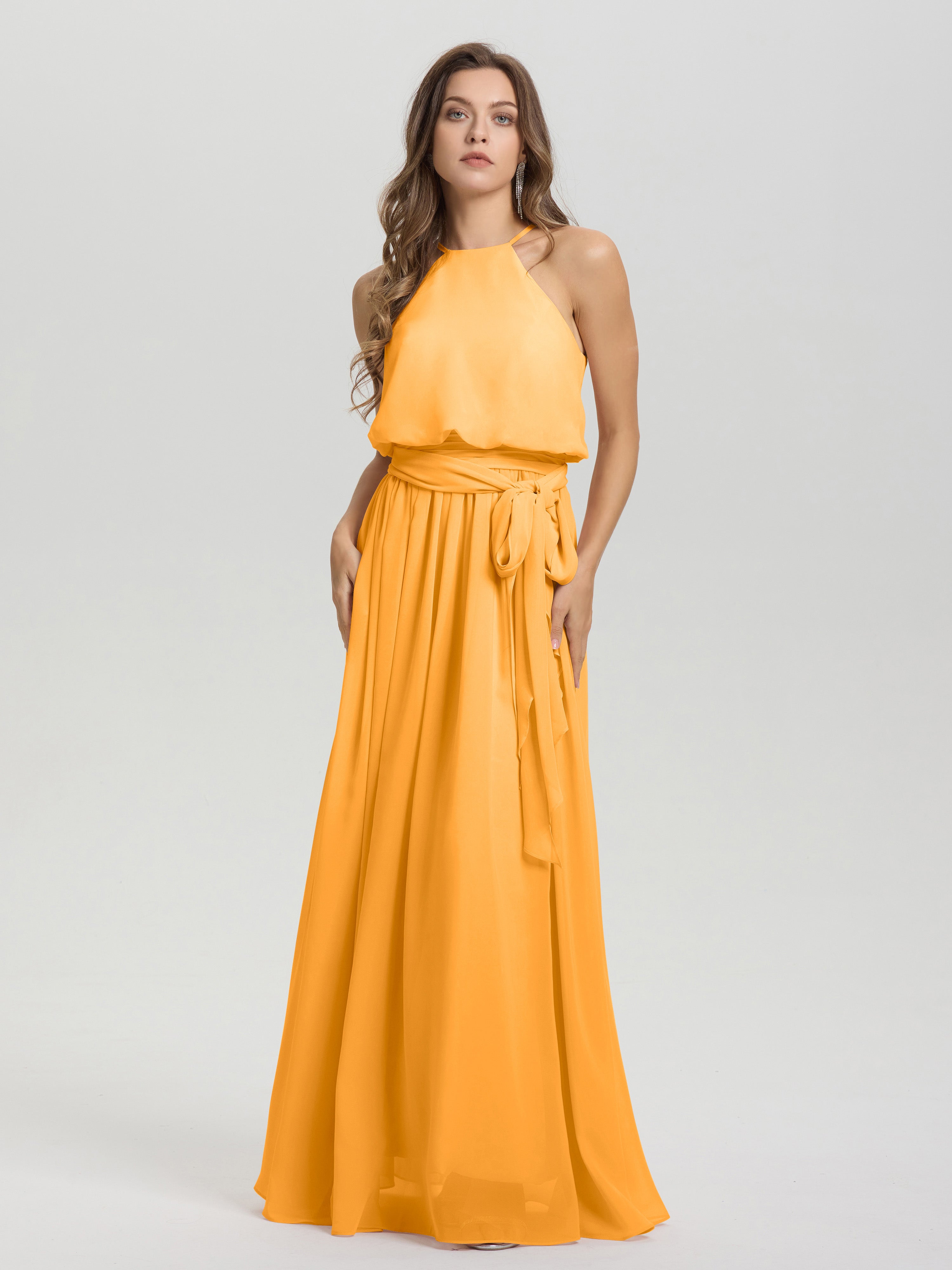 Robes De Demoiselle D'Honneur Mandarine Licou Trapèze Mousseline Robe Demoiselle D'Honneur