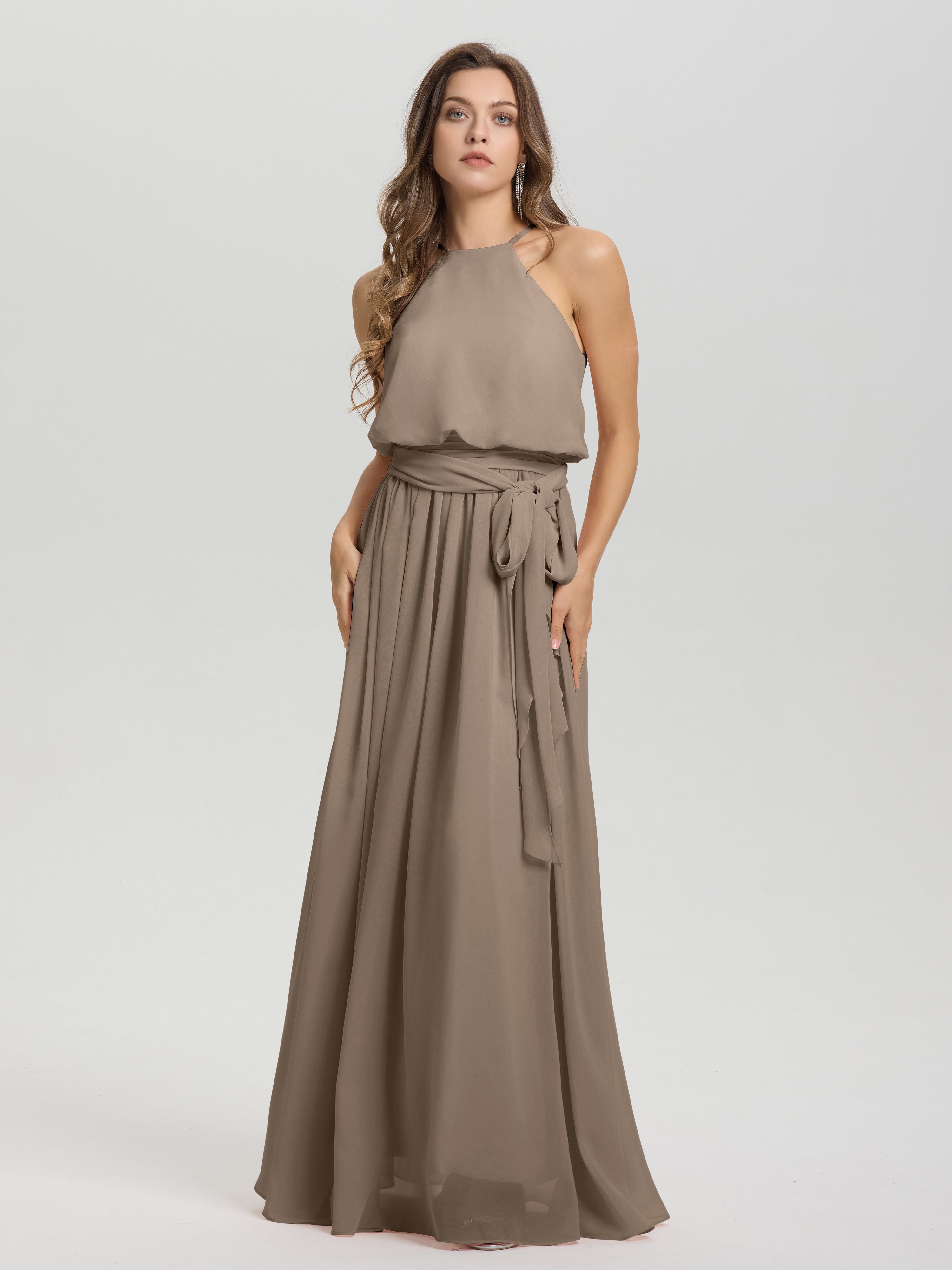 Robe Taupe Demoiselle D Honneur Licou Trapèze Mousseline Robe Demoiselle D'Honneur