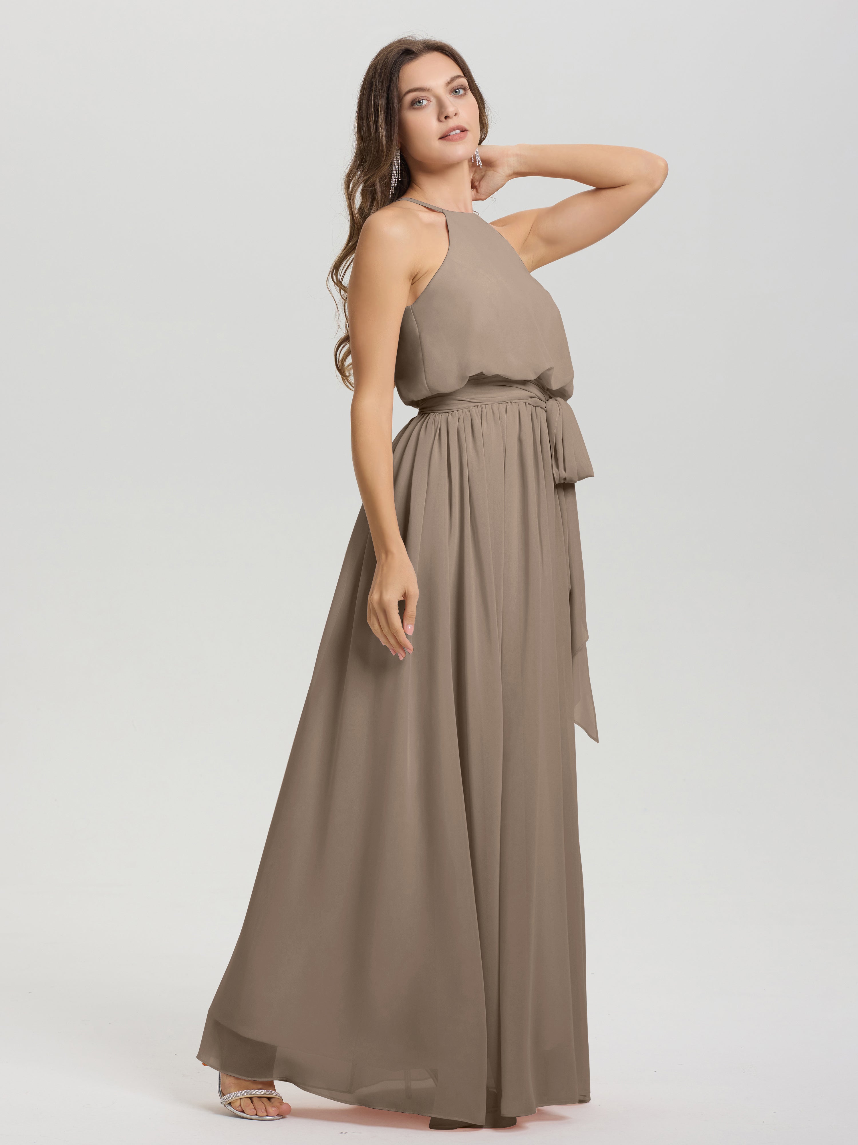 Robe Taupe Demoiselle D Honneur Licou Trapèze Mousseline Robe Demoiselle D'Honneur