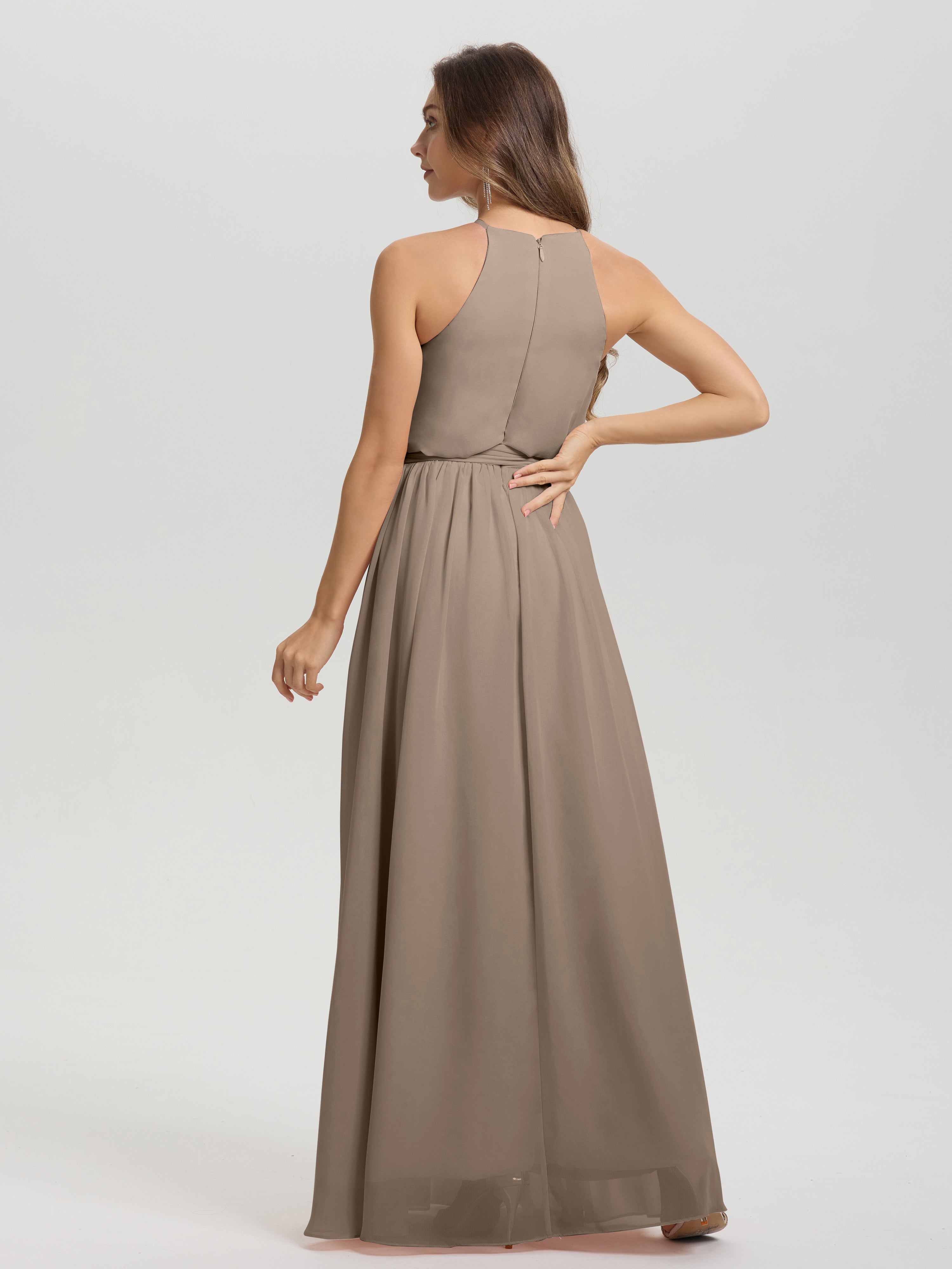 Robe Taupe Demoiselle D Honneur Licou Trapèze Mousseline Robe Demoiselle D'Honneur