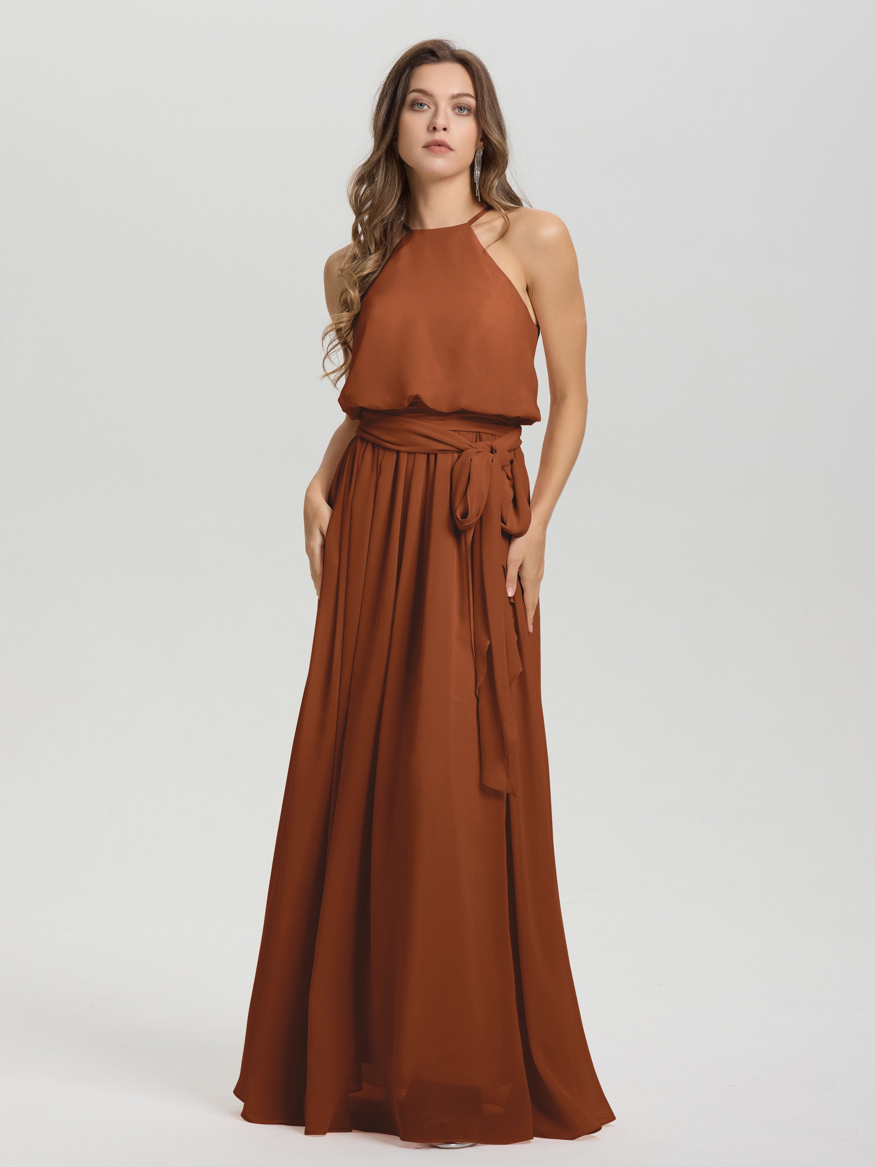 Robe Terracotta Demoiselle D Honneur Licou Trapèze Mousseline Robe Demoiselle D'Honneur