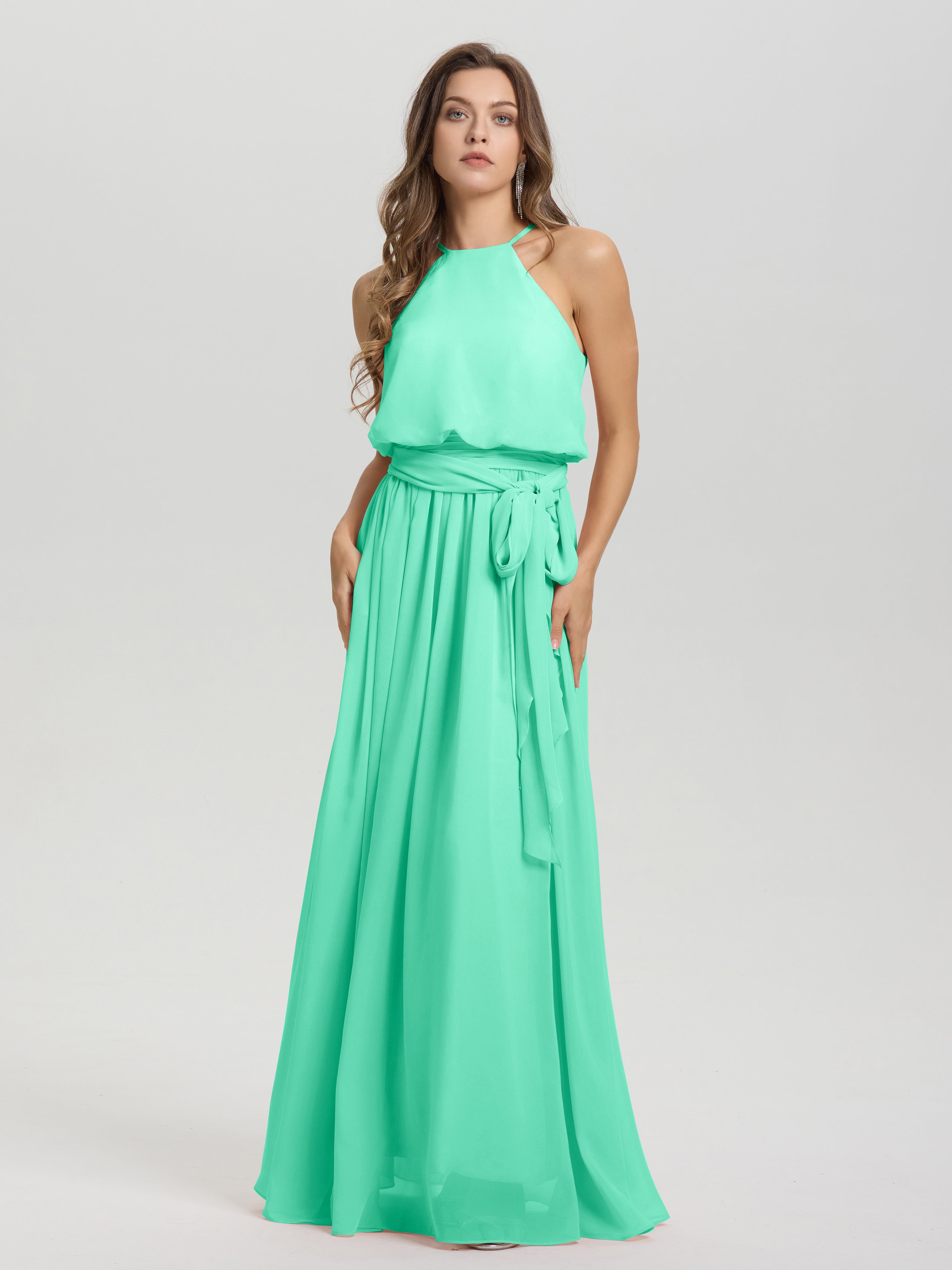 Demoiselle Dhonneur Robe Turquoise Licou Trapèze Mousseline Robe Demoiselle D'Honneur